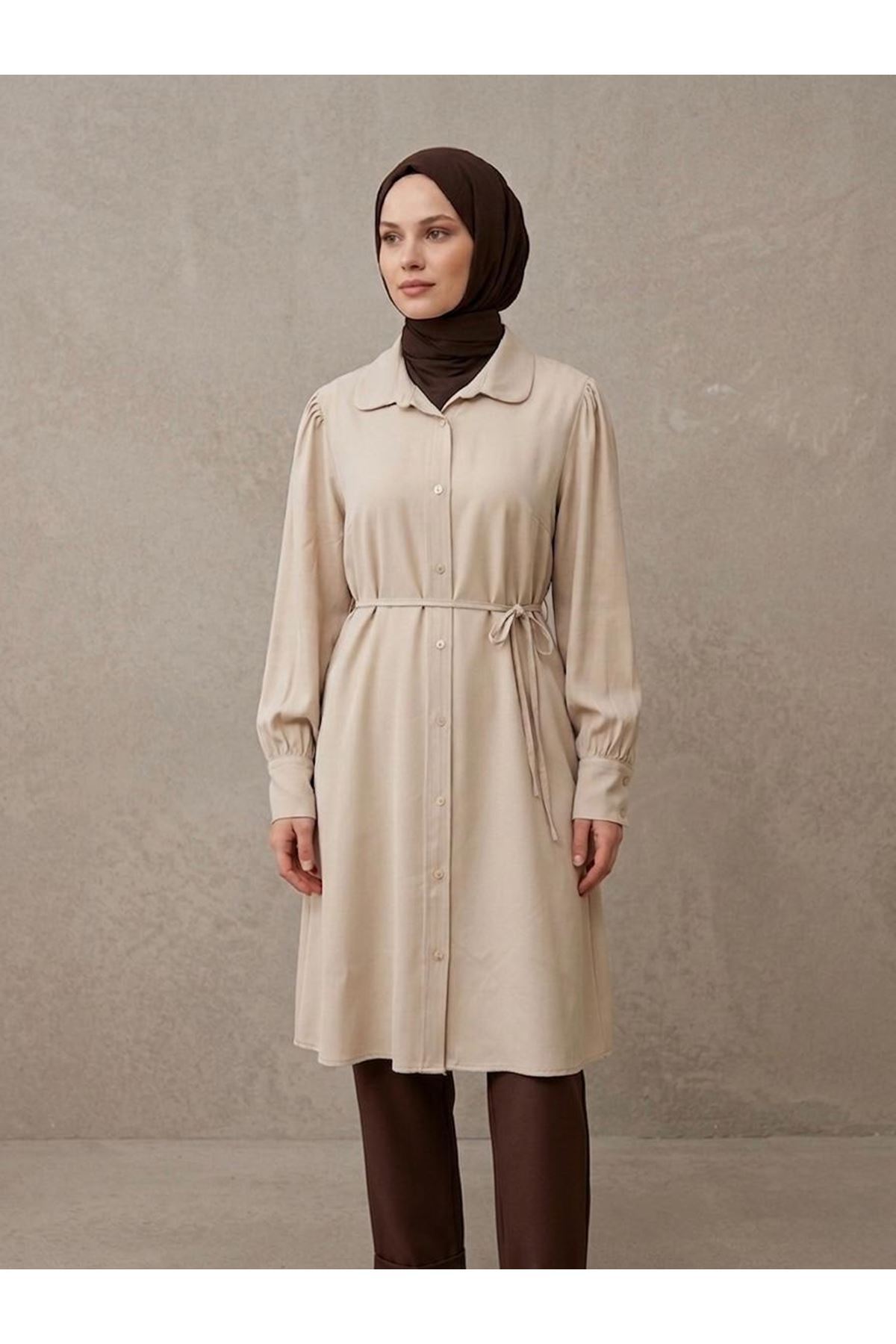 TUN05956-TAŞ Bebe Yaka Omuz Kol Büzgülü Tunik-Taş