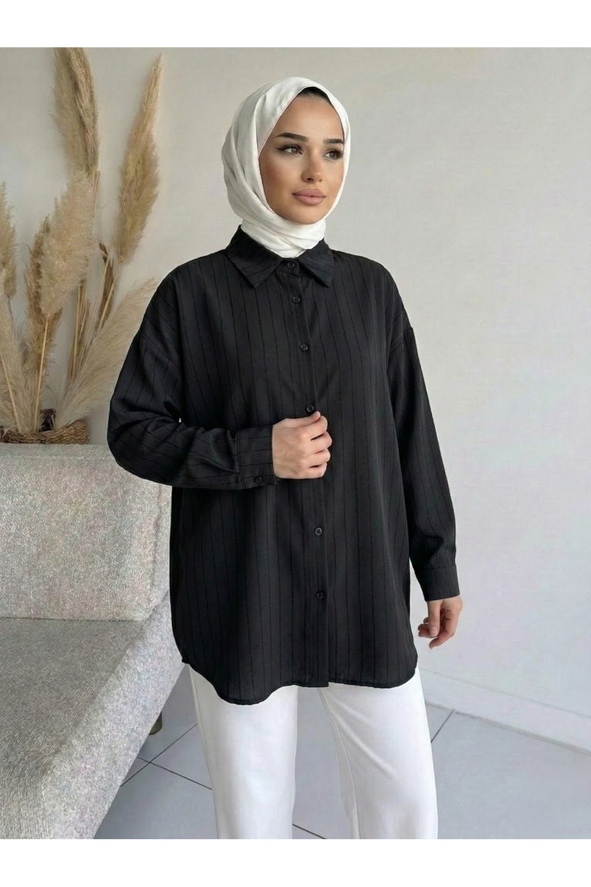 TUN05952-SYH Kendinden Çizgili Tunik-Siyah