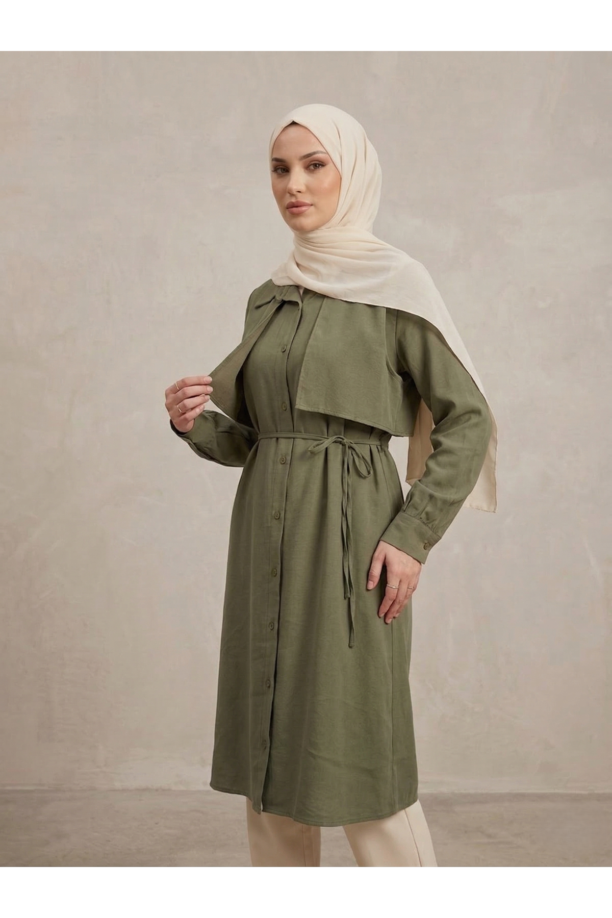 TUN05958-HKİ Çift Taraflı Aller Uzun Tunik-Haki