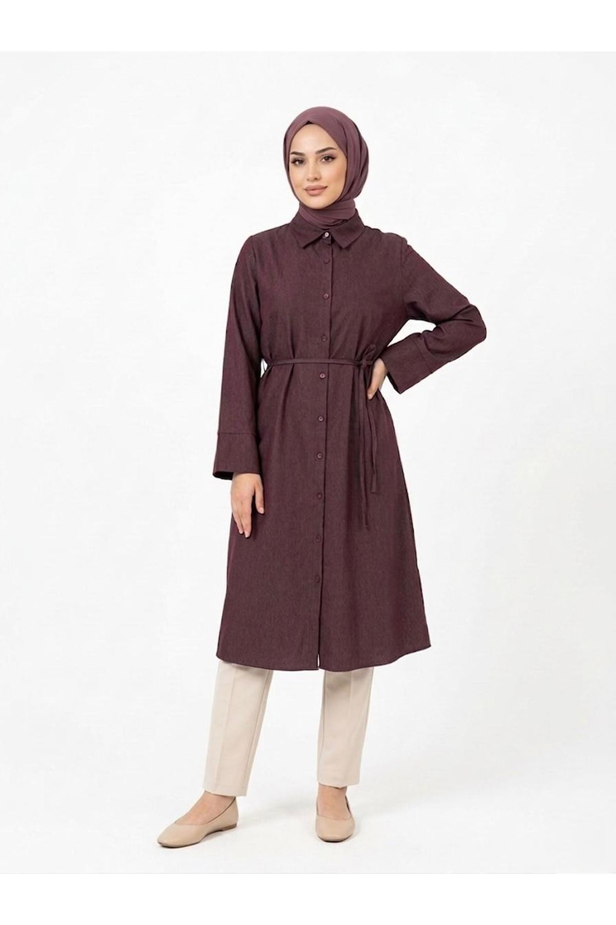 TUN05959-BRD Biye Detay Uzun Tunik-Bordo