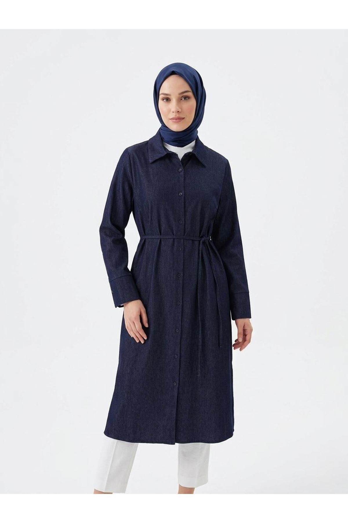 TUN05959-LCV Biye Detay Uzun Tunik-Lacivert