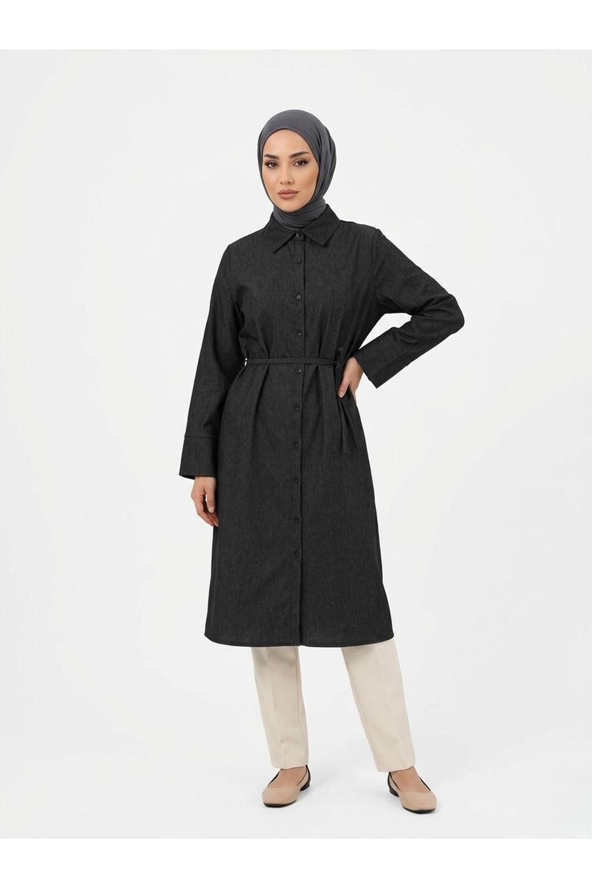 TUN05959-SYH Biye Detay Uzun Tunik-Siyah