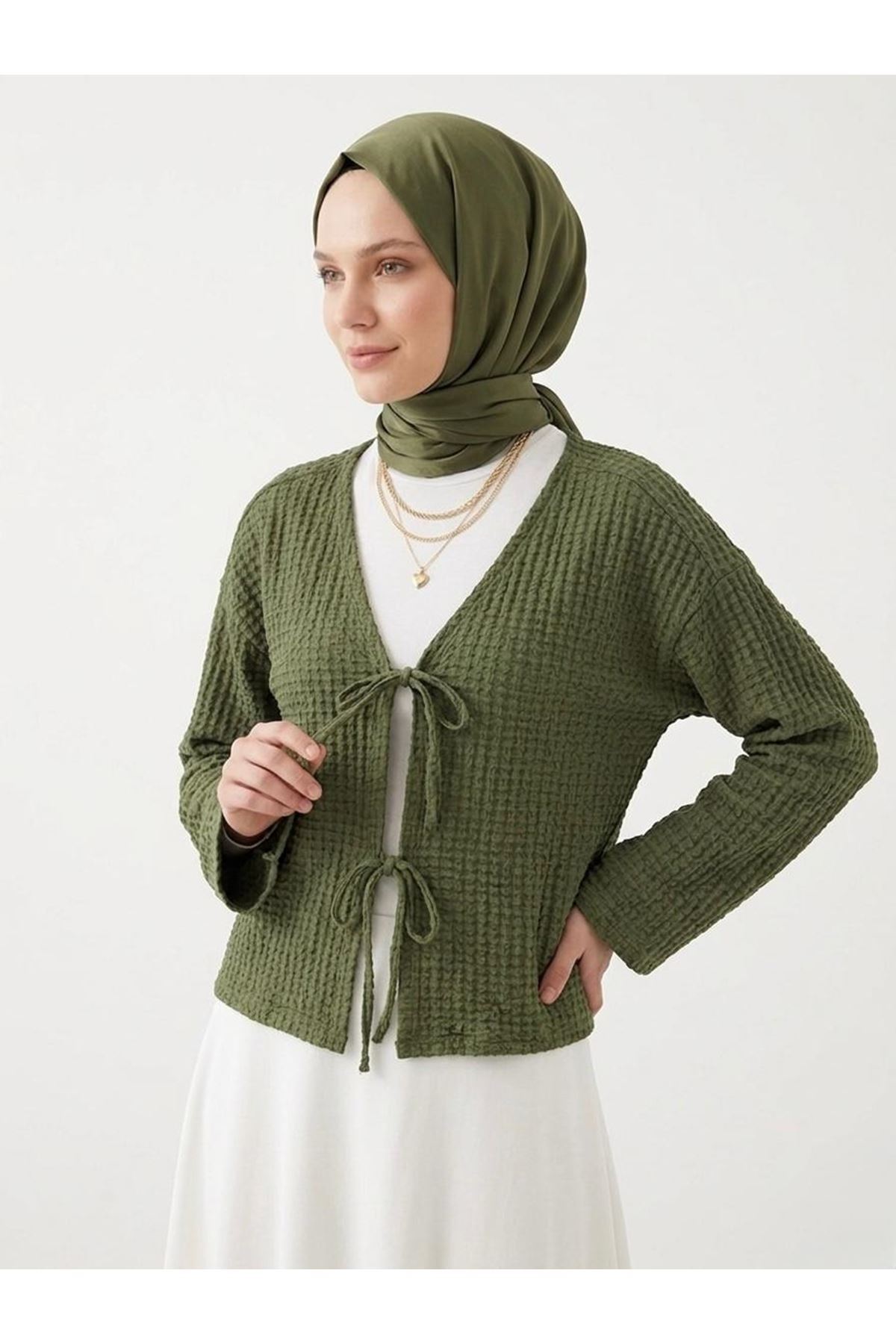 TUN05960-HKİ Ön Bağlamalı Örme Tunik-Haki