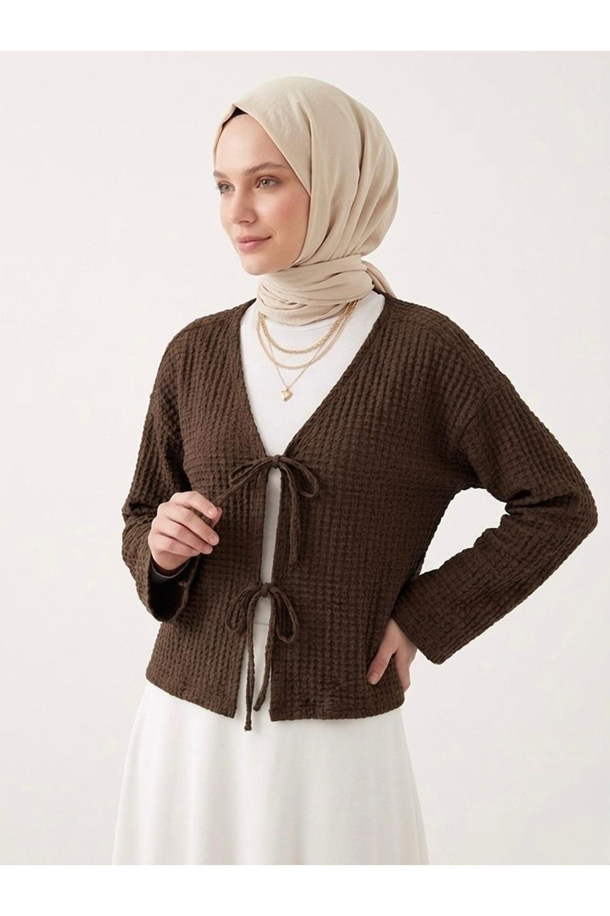 TUN05960-KHV Ön Bağlamalı Örme Tunik-Kahve
