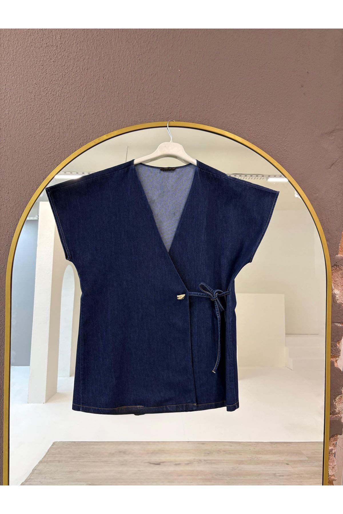 YEL00874-KOT Ön Bağlamalı Düğme Detay Kot Yelek-Kot Rengi