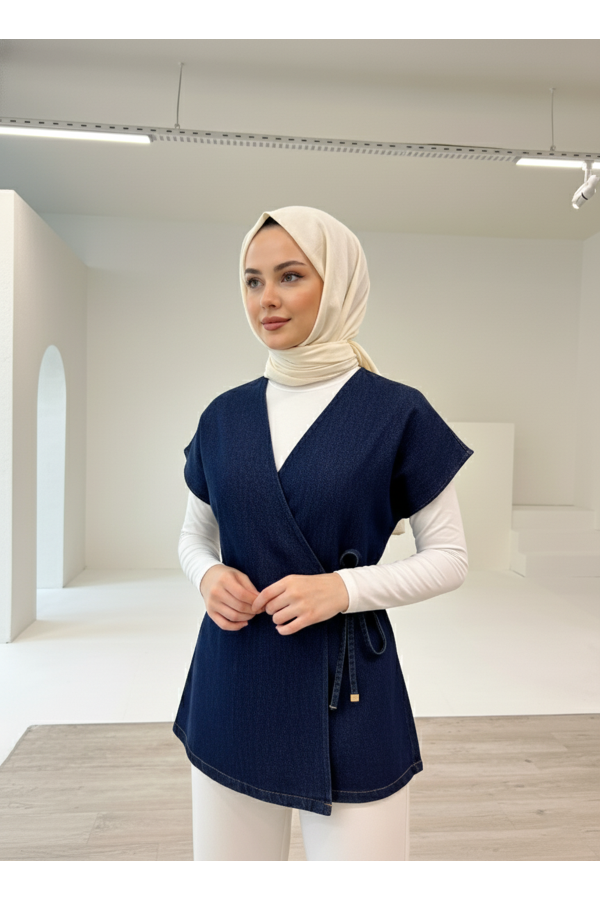 YEL00874-KOT Ön Bağlamalı Düğme Detay Kot Yelek-Kot Rengi