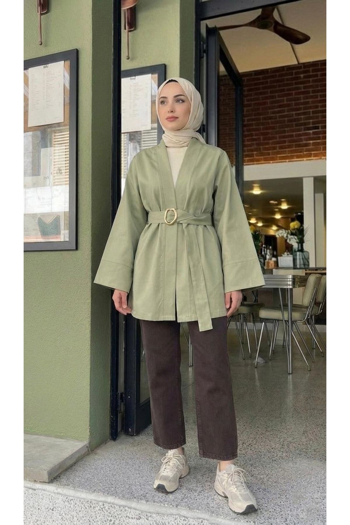 CKT01784-MNT Geniş Manşet Kuşak Detay Ceket-Mint