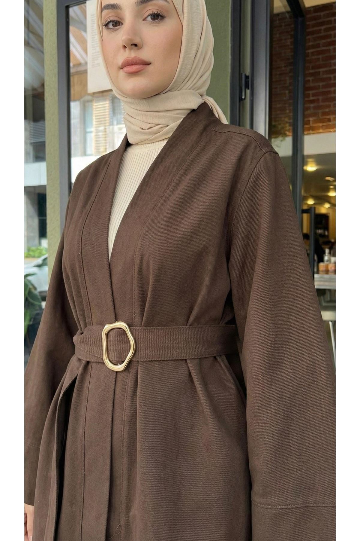 CKT01784-KHV Geniş Manşet Kuşak Detay Ceket-Kahve