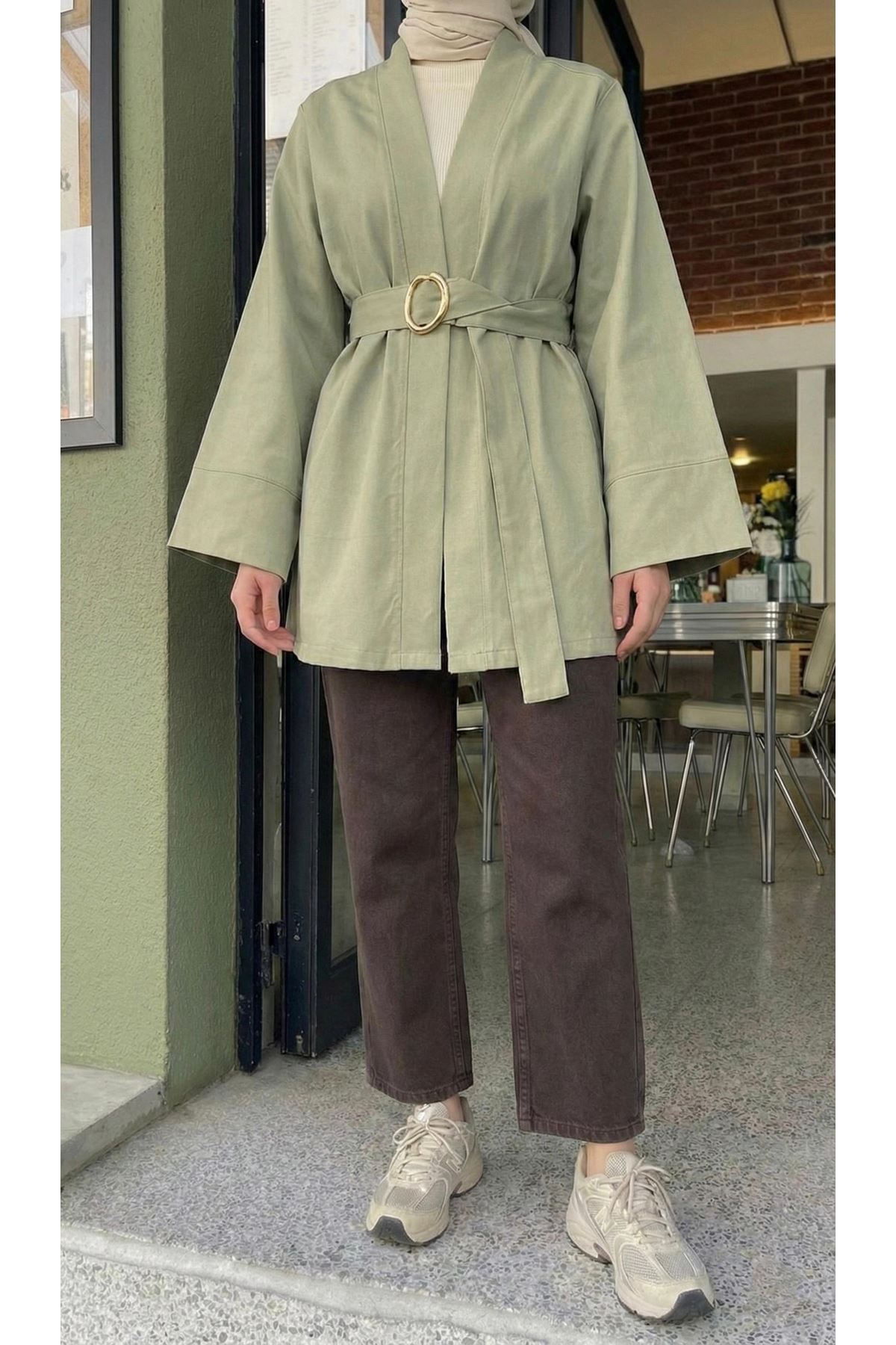 CKT01784-MNT Geniş Manşet Kuşak Detay Ceket-Mint