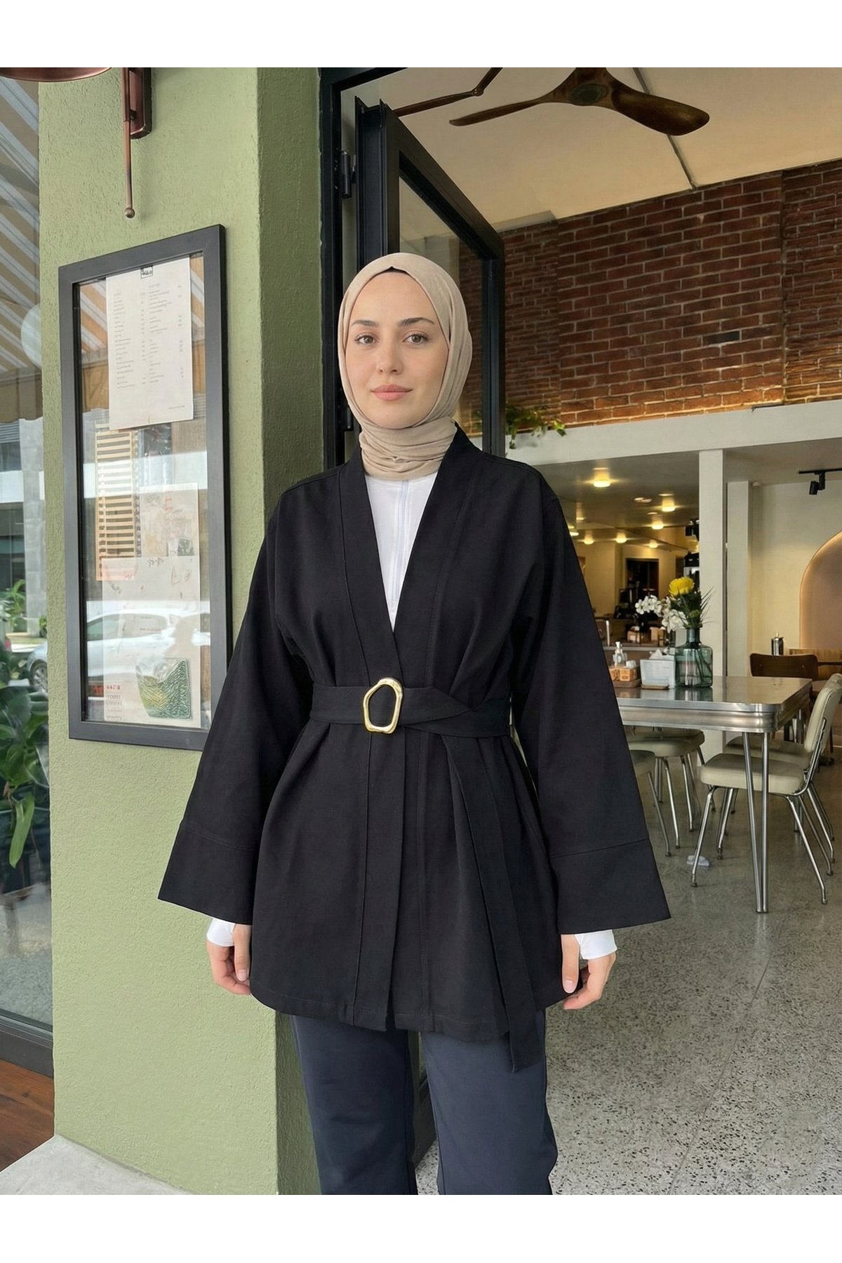 CKT01784-SYH Geniş Manşet Kuşak Detay Ceket-Siyah