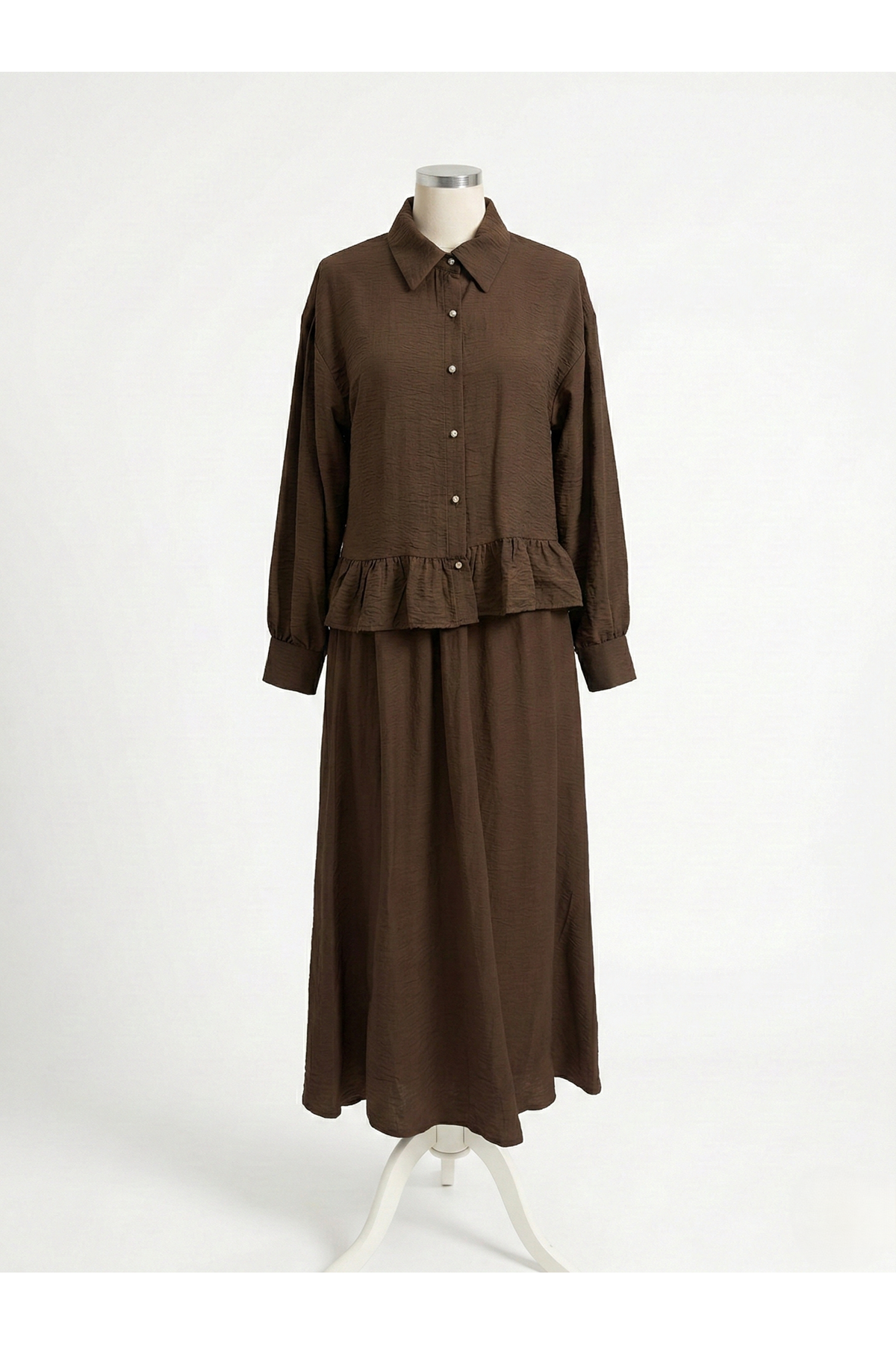 EİT00108-KHV Büzgü Detay Etekli Takım-Kahve