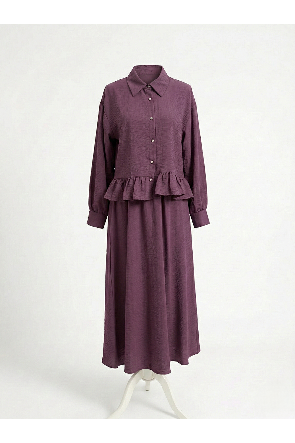 EİT00108-MRD Büzgü Detay Etekli Takım-Mürdüm