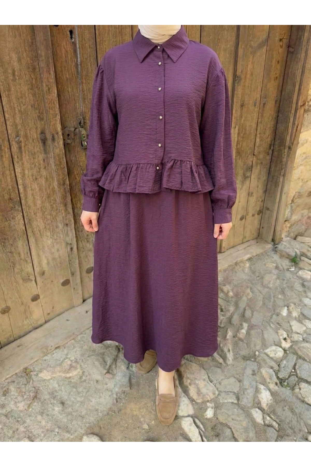 EİT00108-MRD Büzgü Detay Etekli Takım-Mürdüm