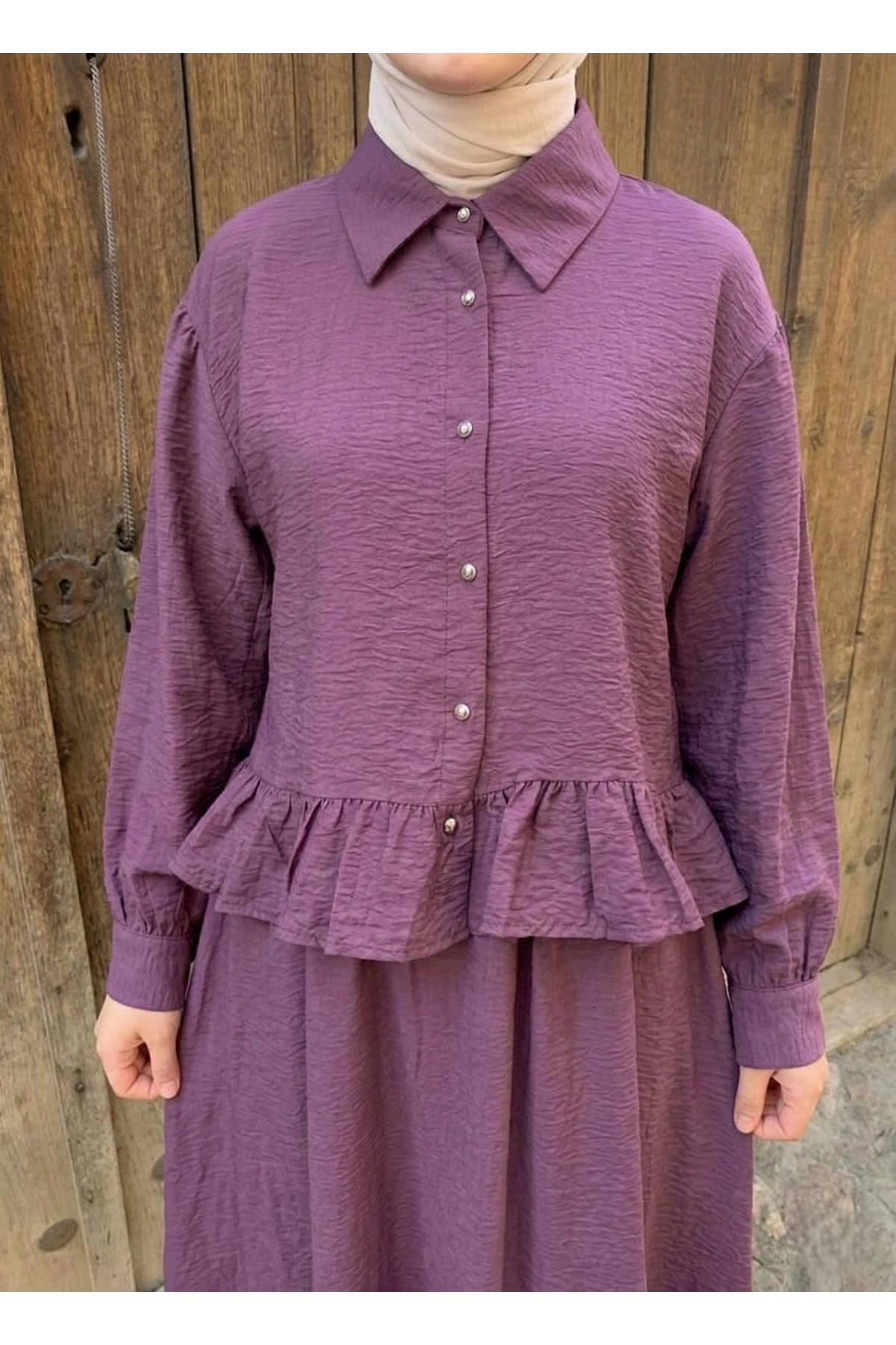 EİT00108-MRD Büzgü Detay Etekli Takım-Mürdüm