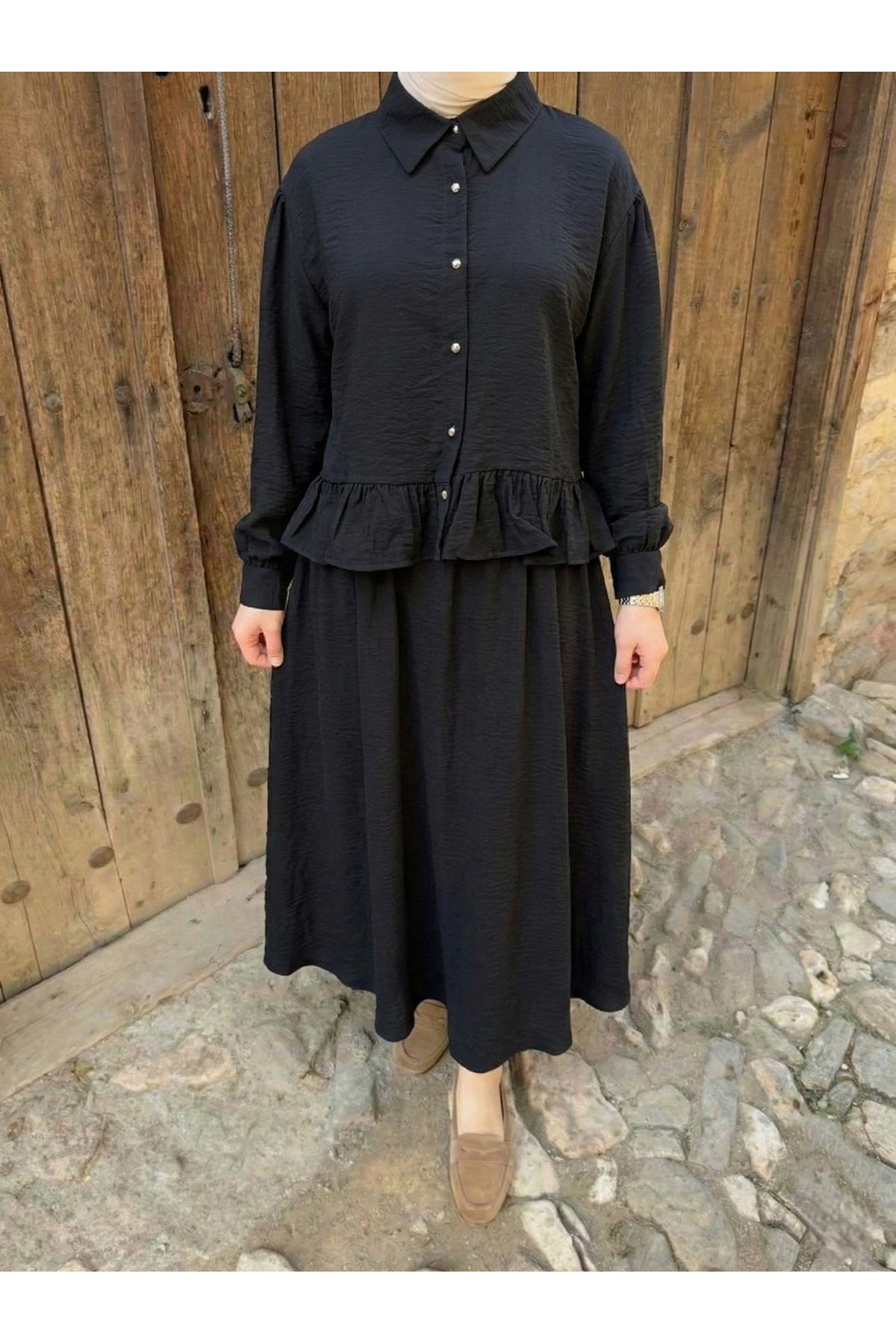 EİT00108-SYH Büzgü Detay Etekli Takım-Siyah