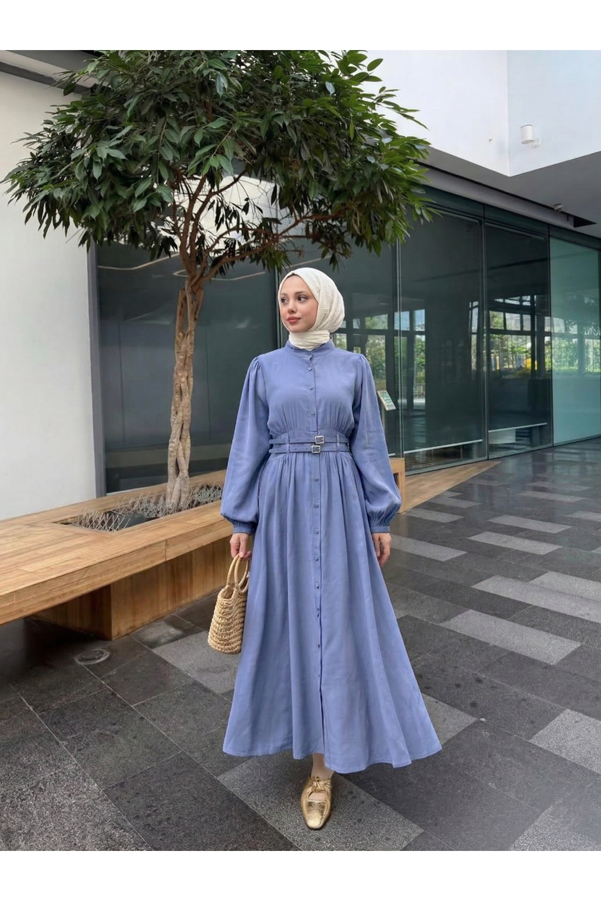 ELB04073-İND Çift Kemerli Elbise-İndigo