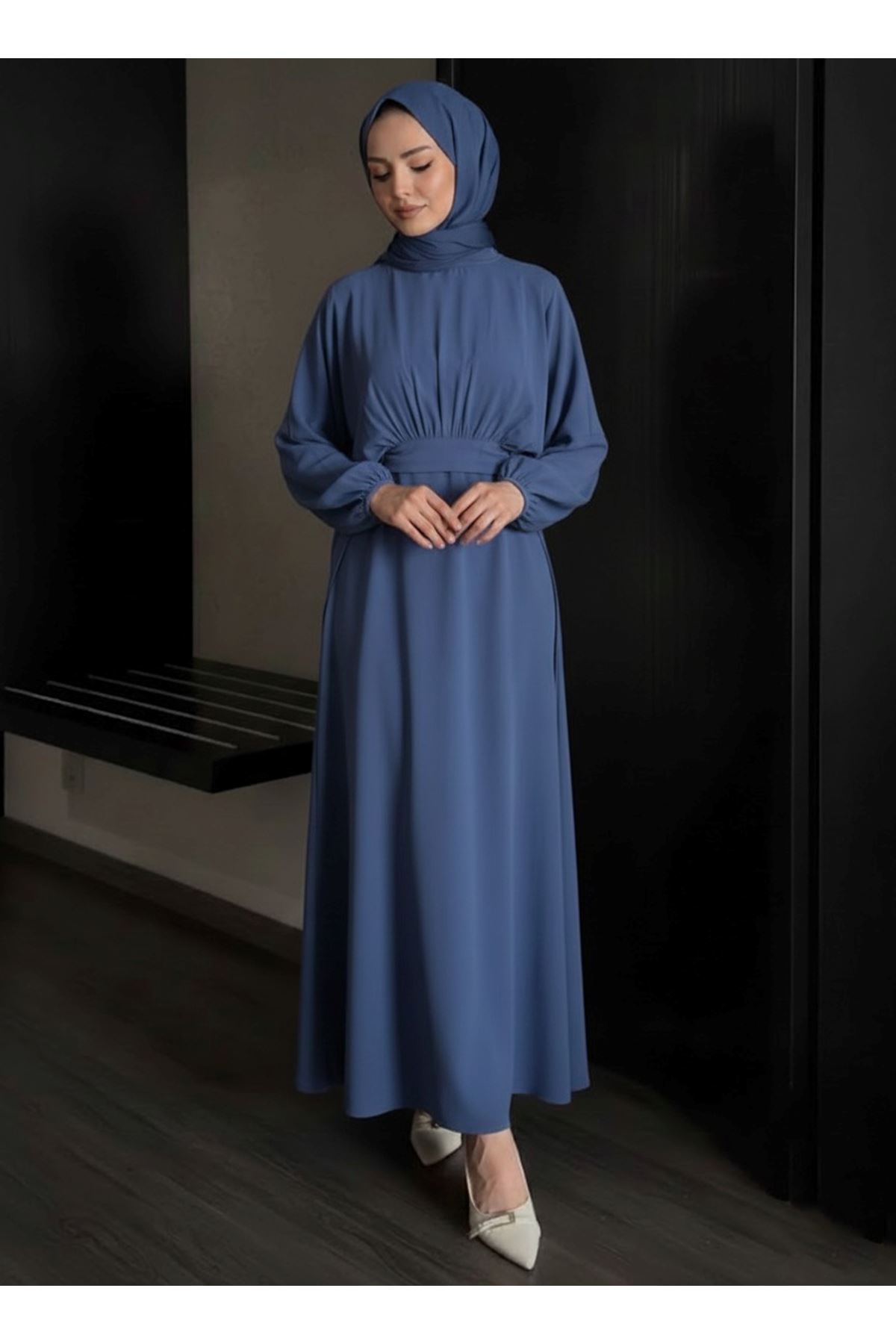 ELB04116-İND Bağlamalı İkili Elbise-İndigo