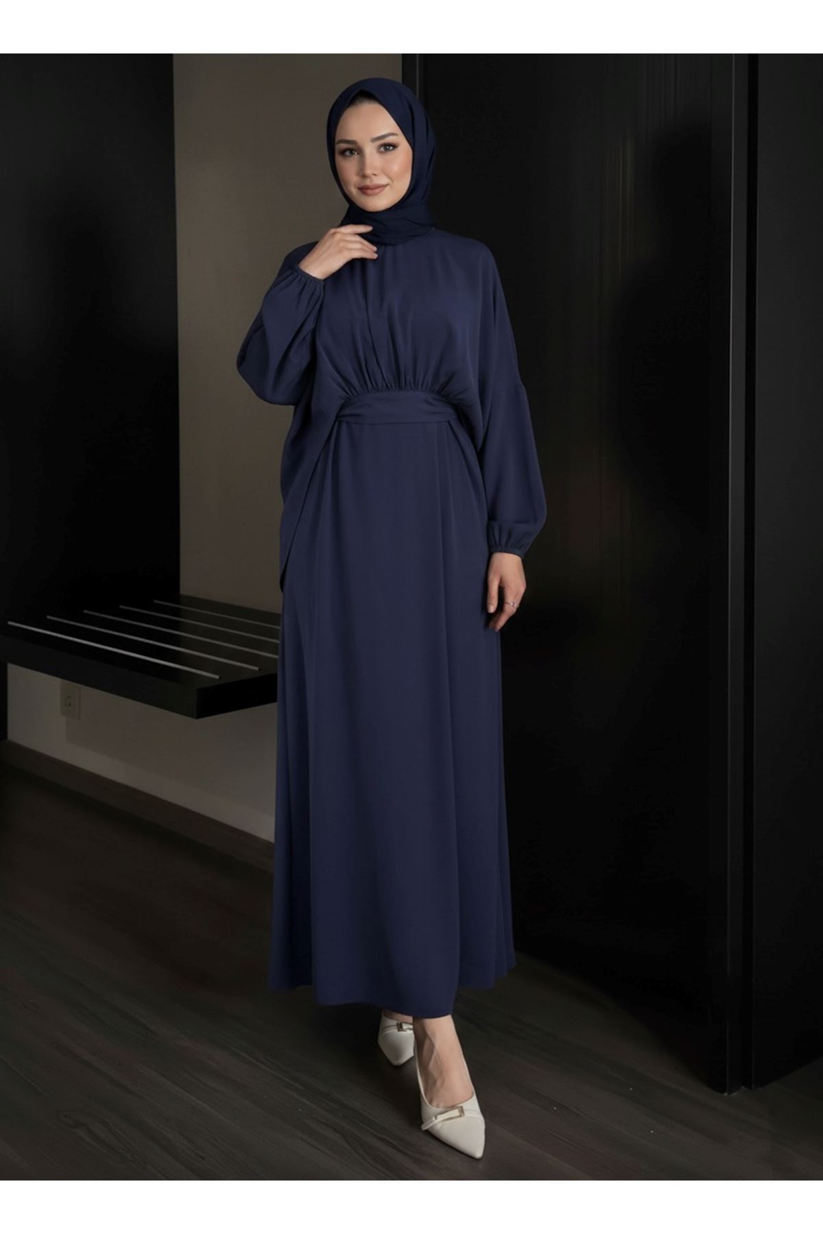 ELB04116-LCV Bağlamalı İkili Elbise-Lacivert