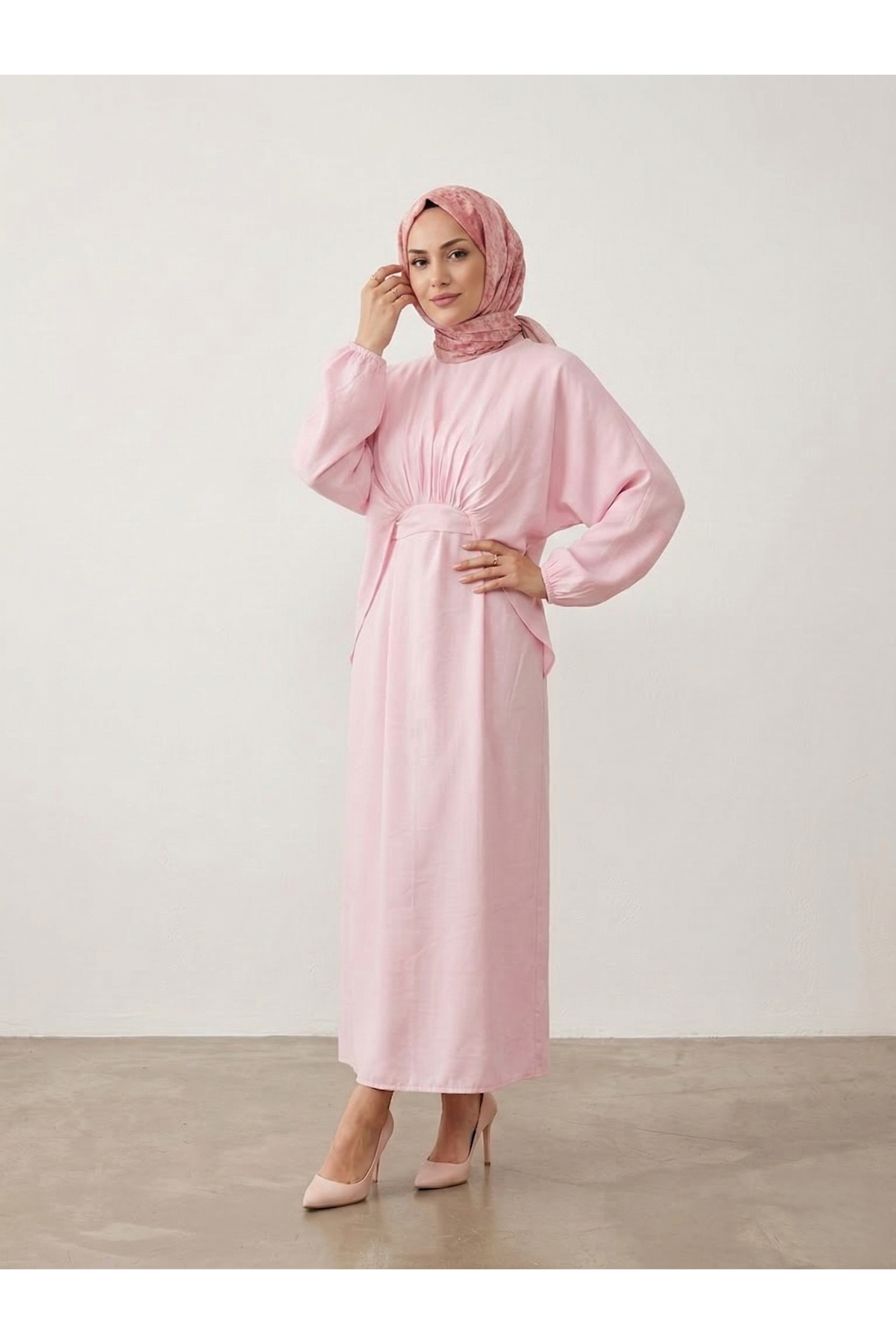 ELB04116-PMB Bağlamalı İkili Elbise-Pembe