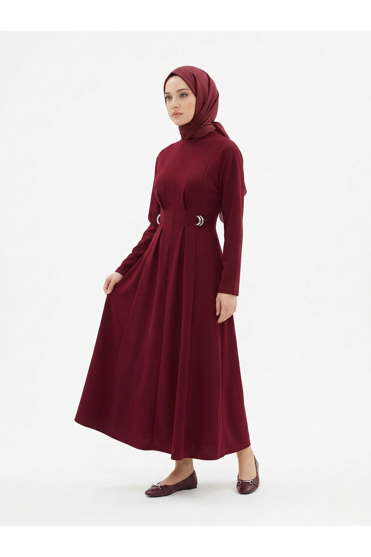 ELB04125-BRD Önü Pensli Kuşak Aksesuar Detay Elbise-Bordo