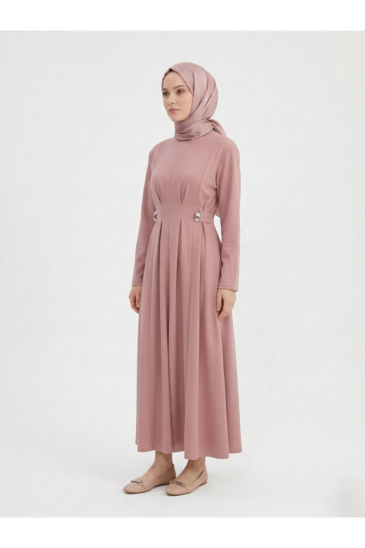 ELB04125-PDR Önü Pensli Kuşak Aksesuar Detay Elbise-Pudra