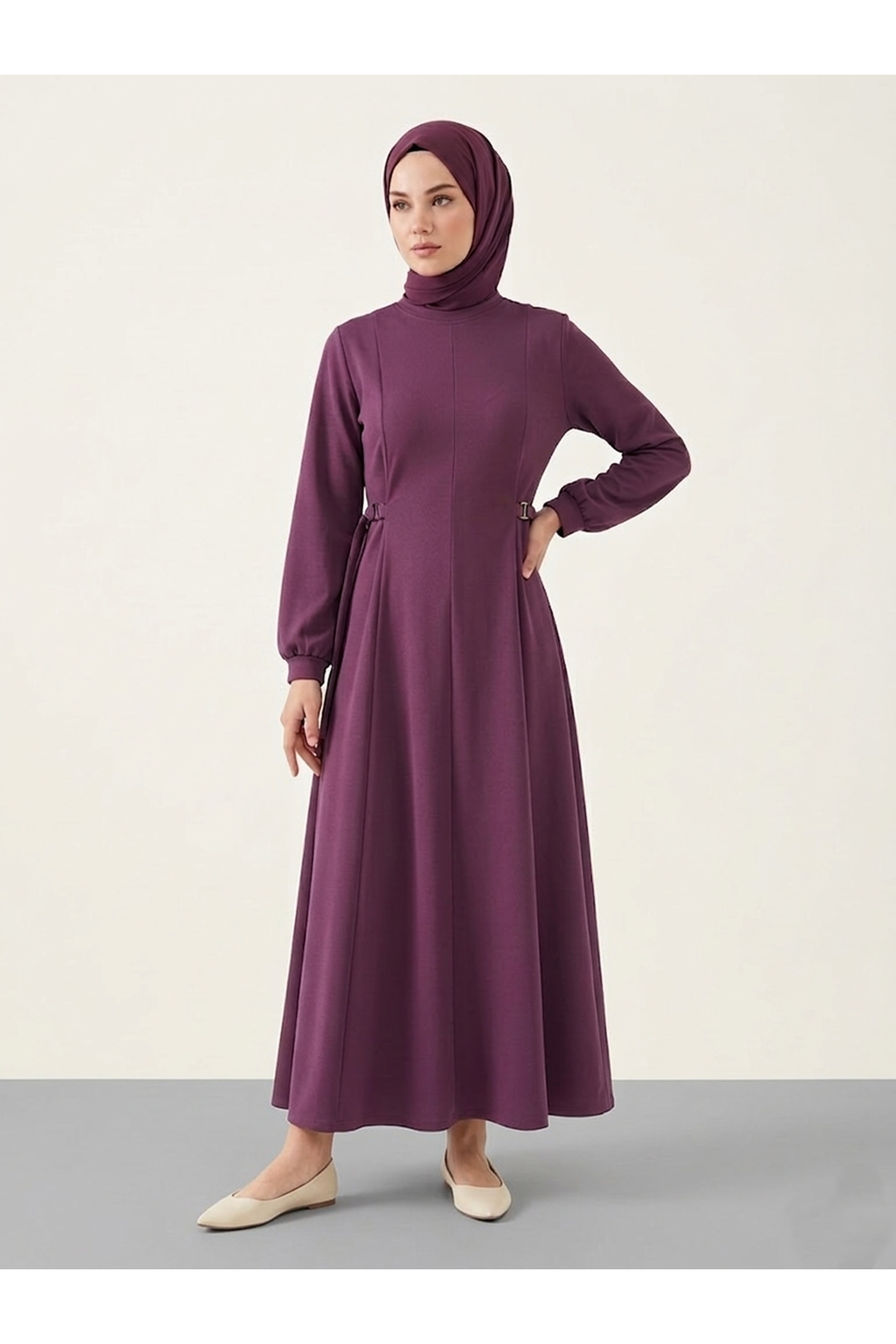 ELB04126-GKR Kuşak Toka Detay Elbise-Gül Kurusu