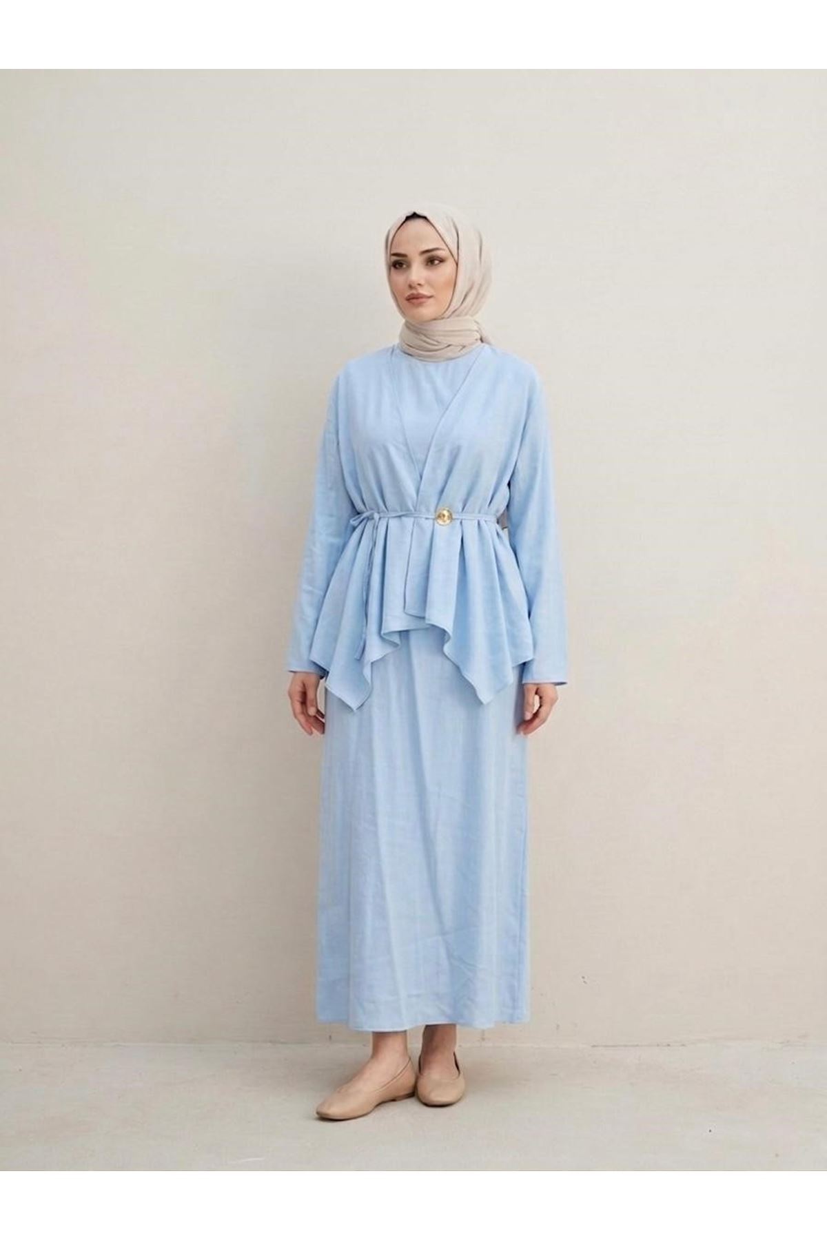 ELB04137-BBM Aksesuar Detay İkili Elbise-Bebe Mavisi