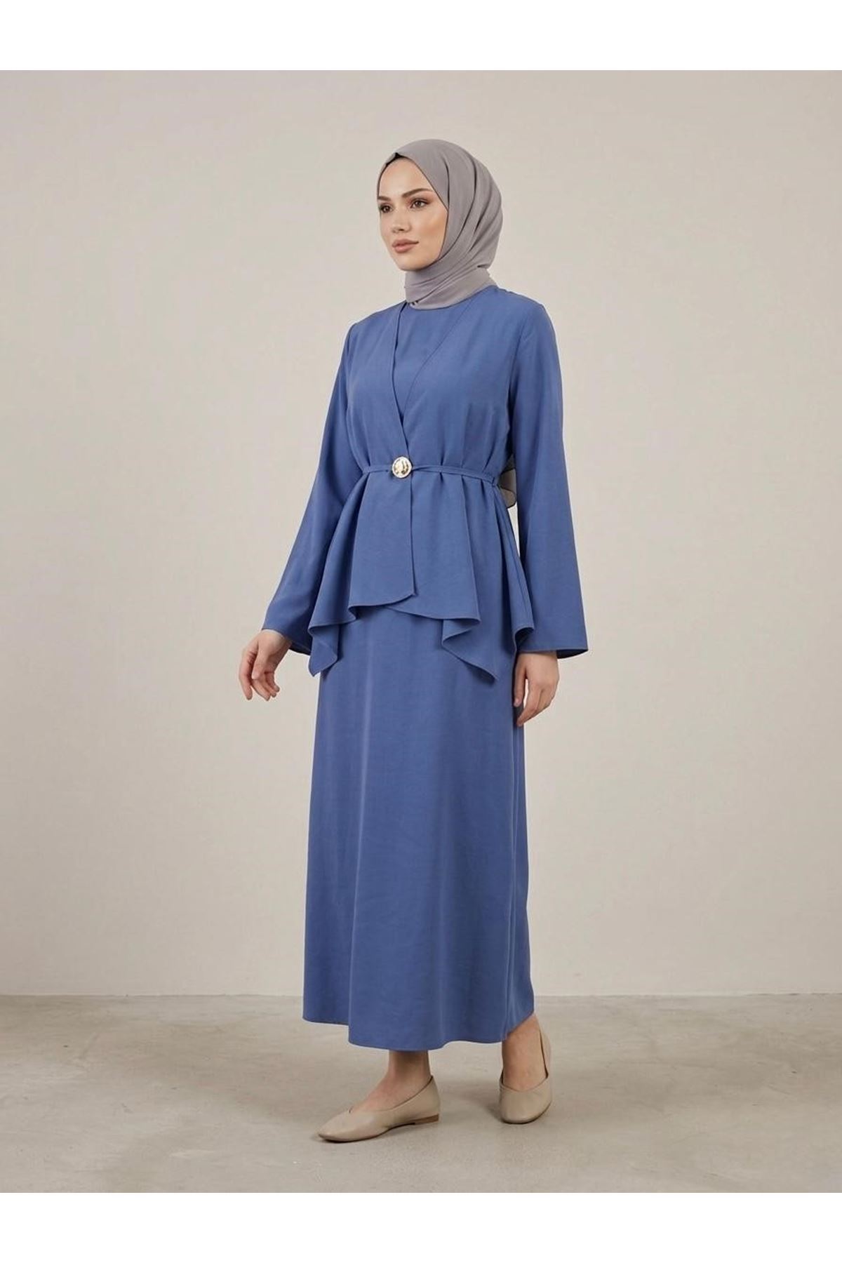 ELB04137-İND Aksesuar Detay İkili Elbise-İndigo