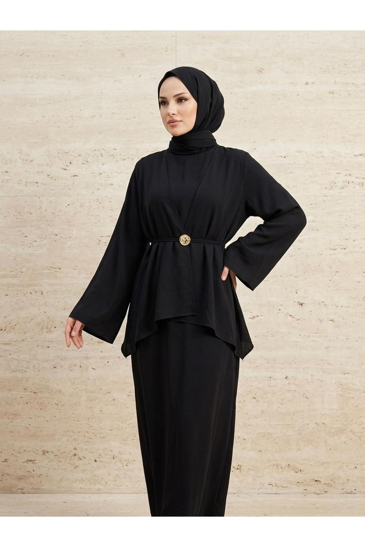 ELB04137-SYH Aksesuar Detay İkili Elbise-Siyah