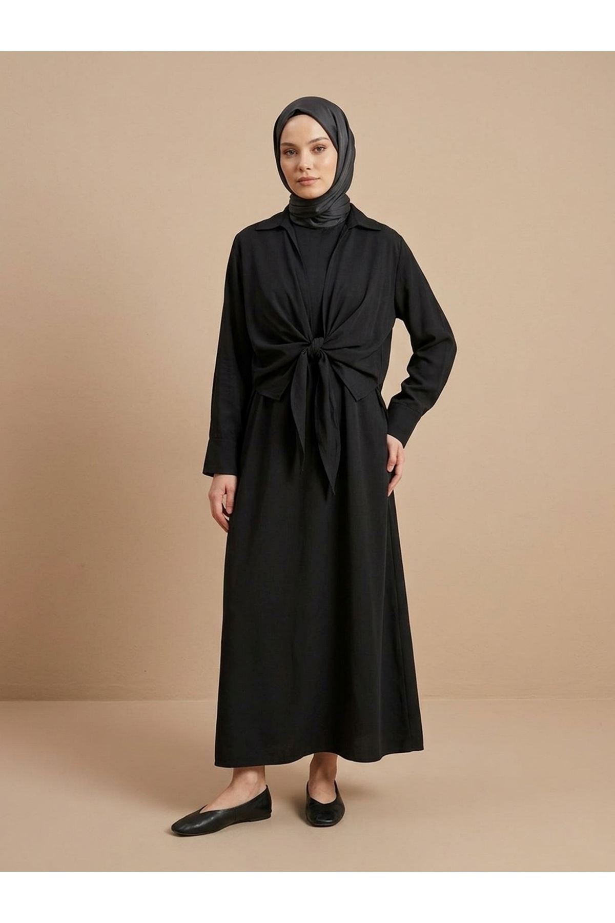 ELB04138-SYH Yakalı Ön Bağlamalı İkili Elbise-Siyah