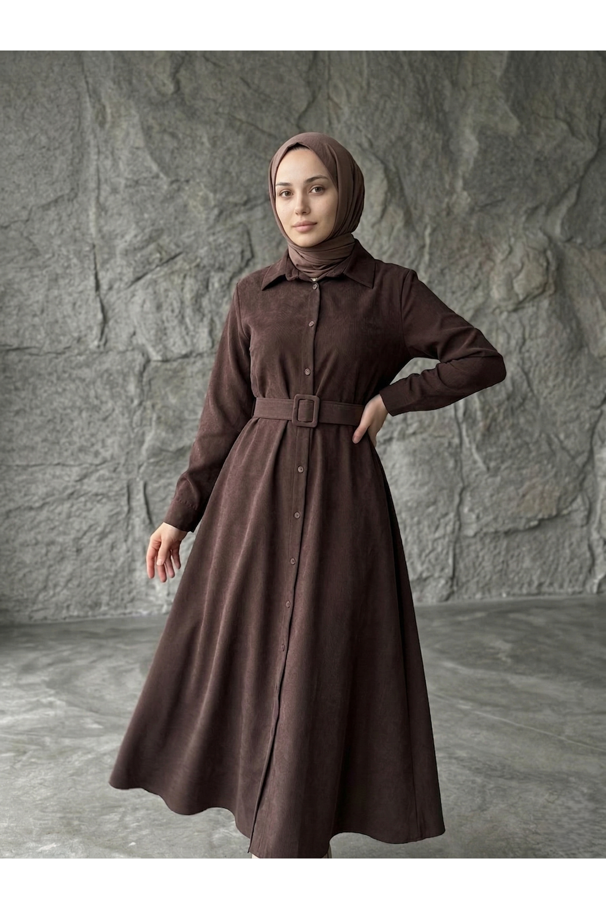 ELB04140-KHV Kaplama Kemer Detay Elbise-Kahve