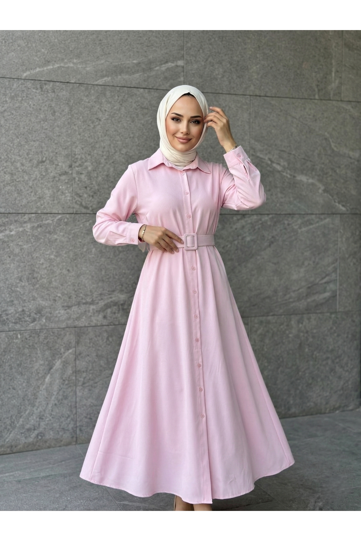 ELB04140-PMB Kaplama Kemer Detay Elbise-Pembe