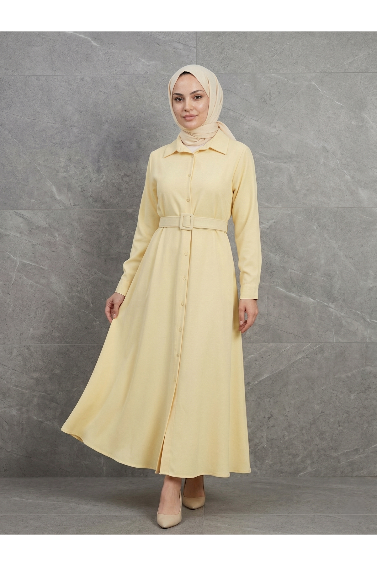 ELB04140-SRI Kaplama Kemer Detay Elbise-Sarı