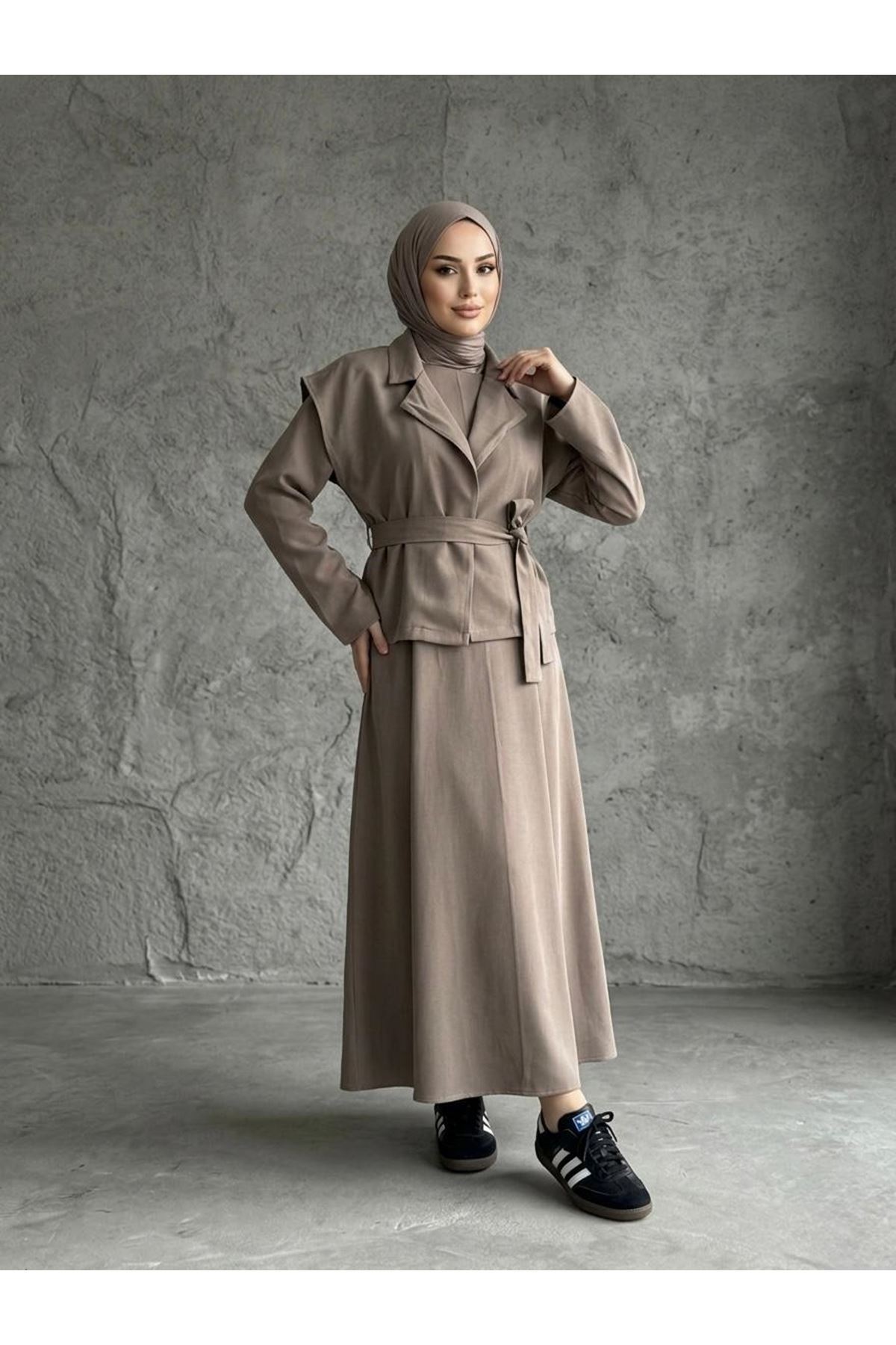 ELB04141-DMN Yelekli İkili Elbise-Duman