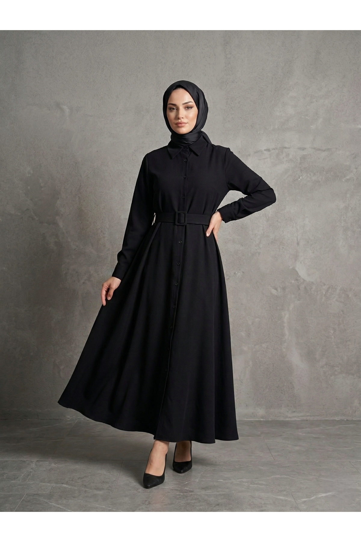 ELB04140-SYH Kaplama Kemer Detay Elbise-Siyah