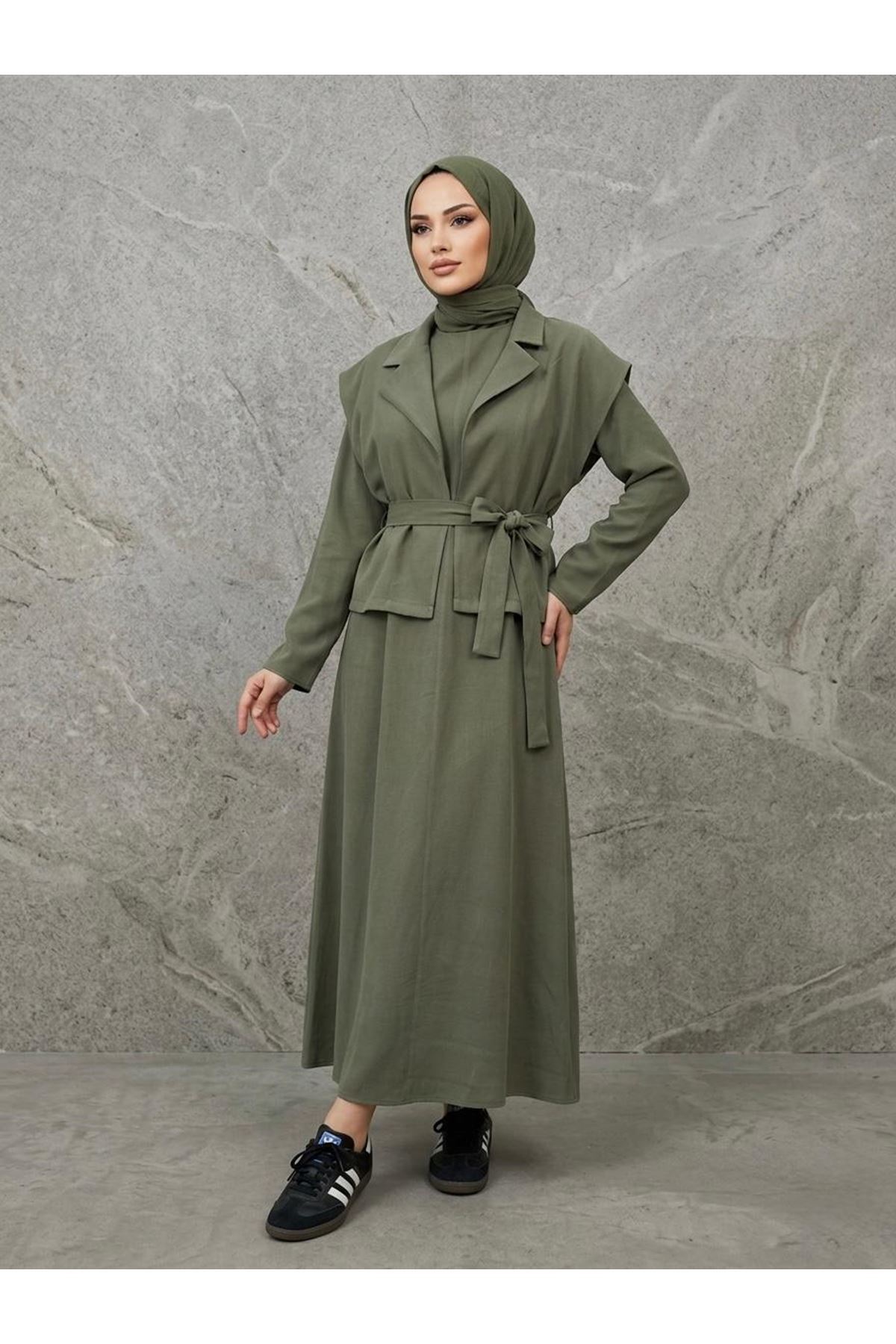 ELB04141-HKİ Yelekli İkili Elbise-Haki