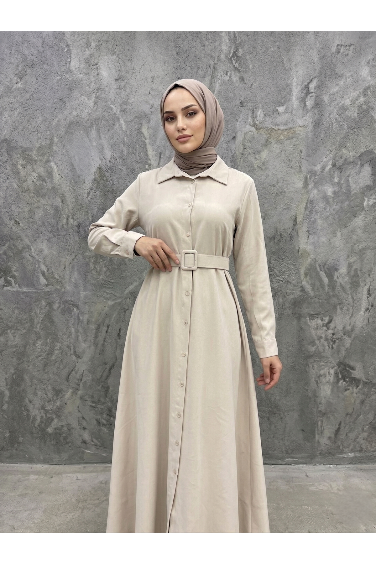 ELB04140-TAŞ Kaplama Kemer Detay Elbise-Taş