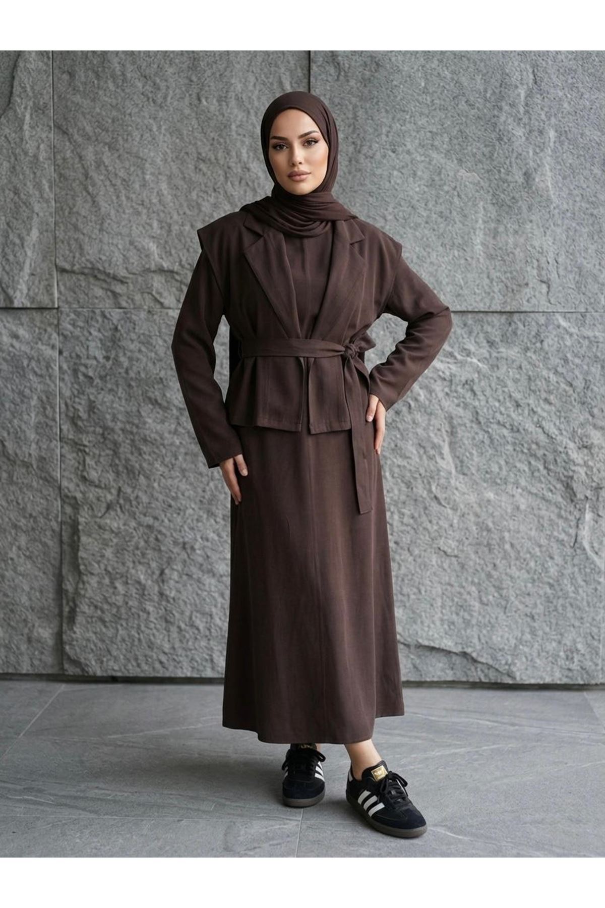 ELB04141-KHV Yelekli İkili Elbise-Kahve