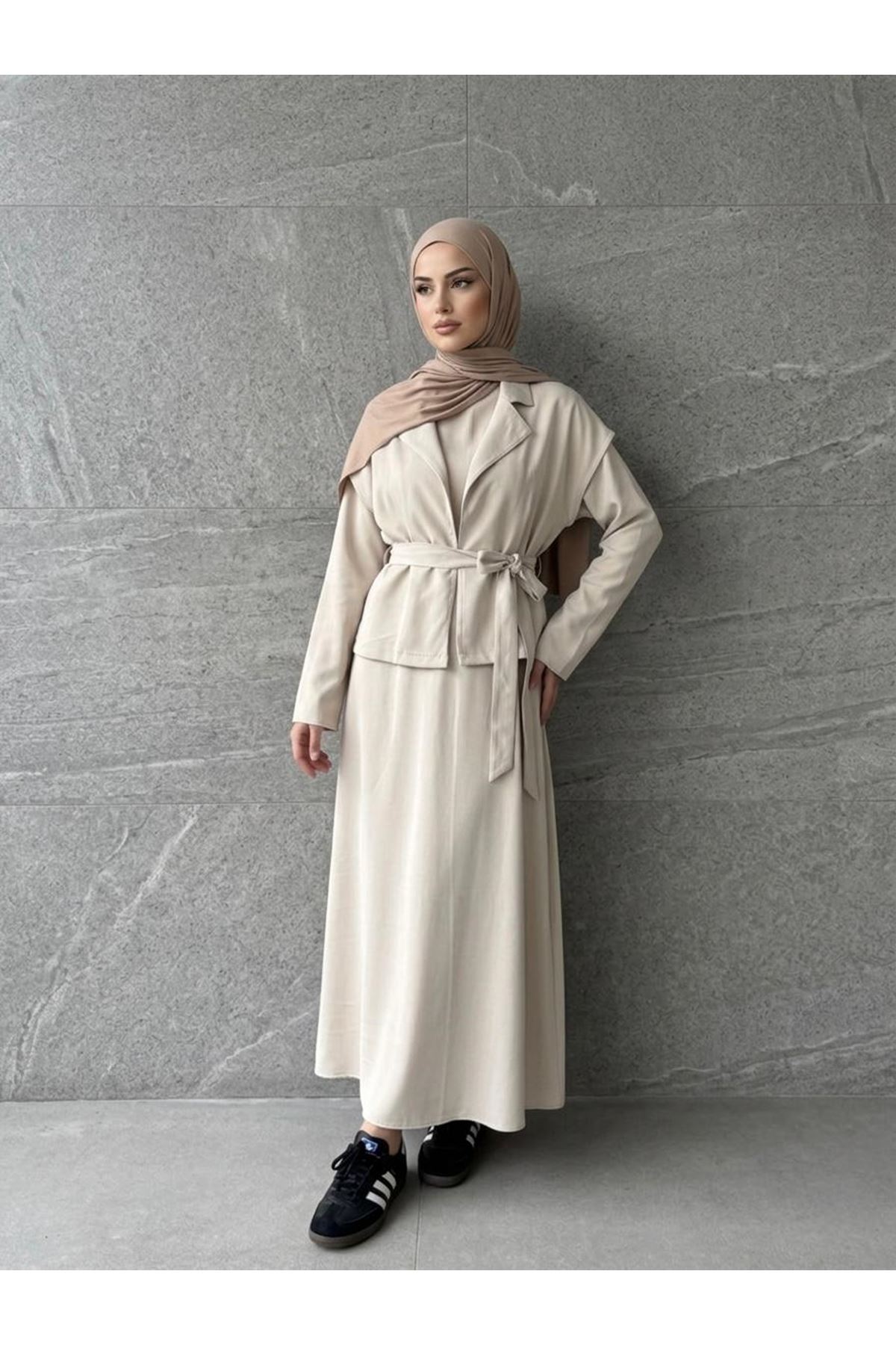 ELB04141-TAŞ Yelekli İkili Elbise-Taş