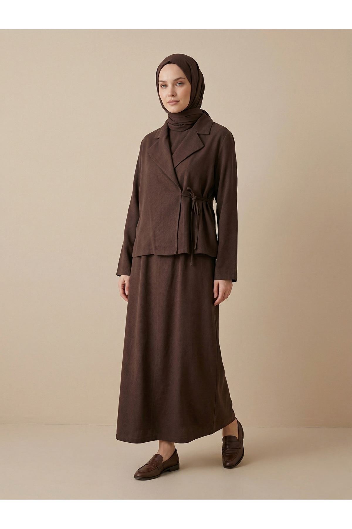 ELB04142-KHV Ceketli İkili Elbise-Kahve