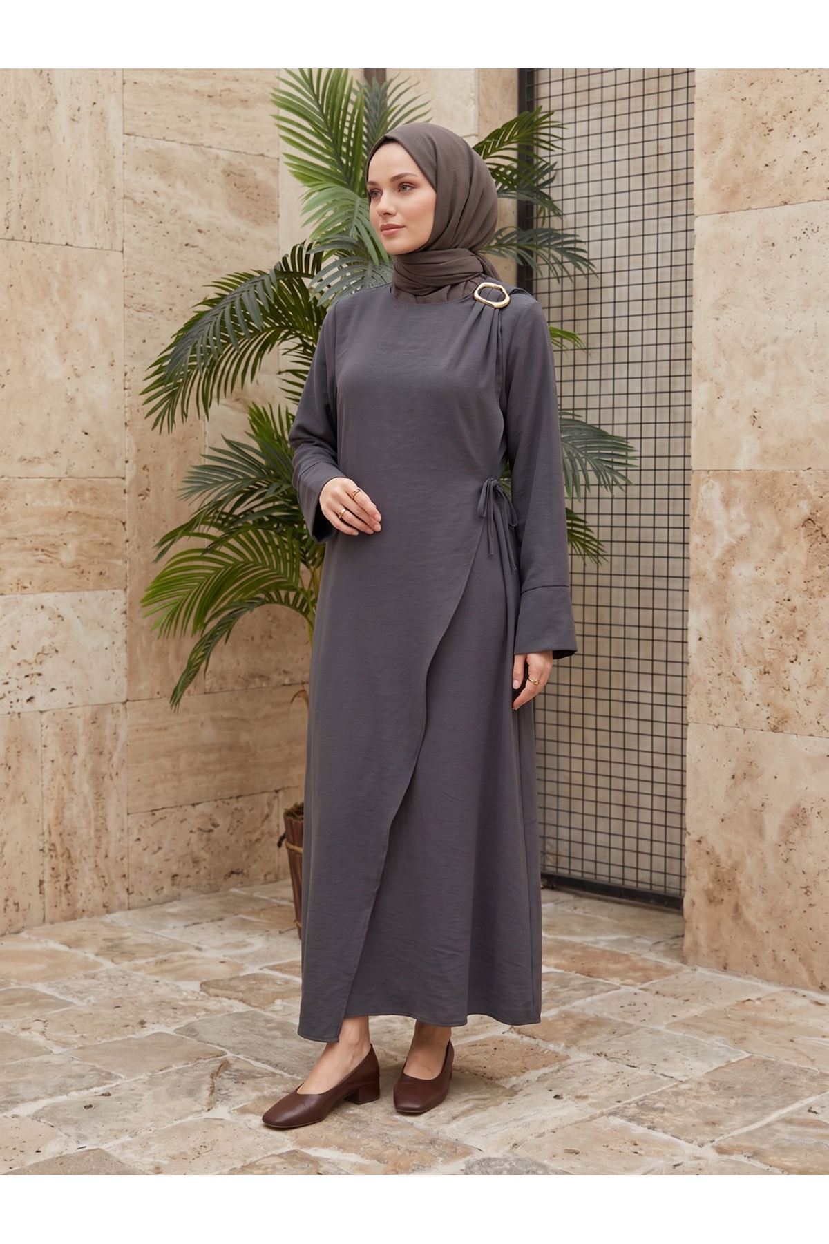 ELB04143-ANT Omuz Pİle Toka DetayTensel  Elbise-Antrasit