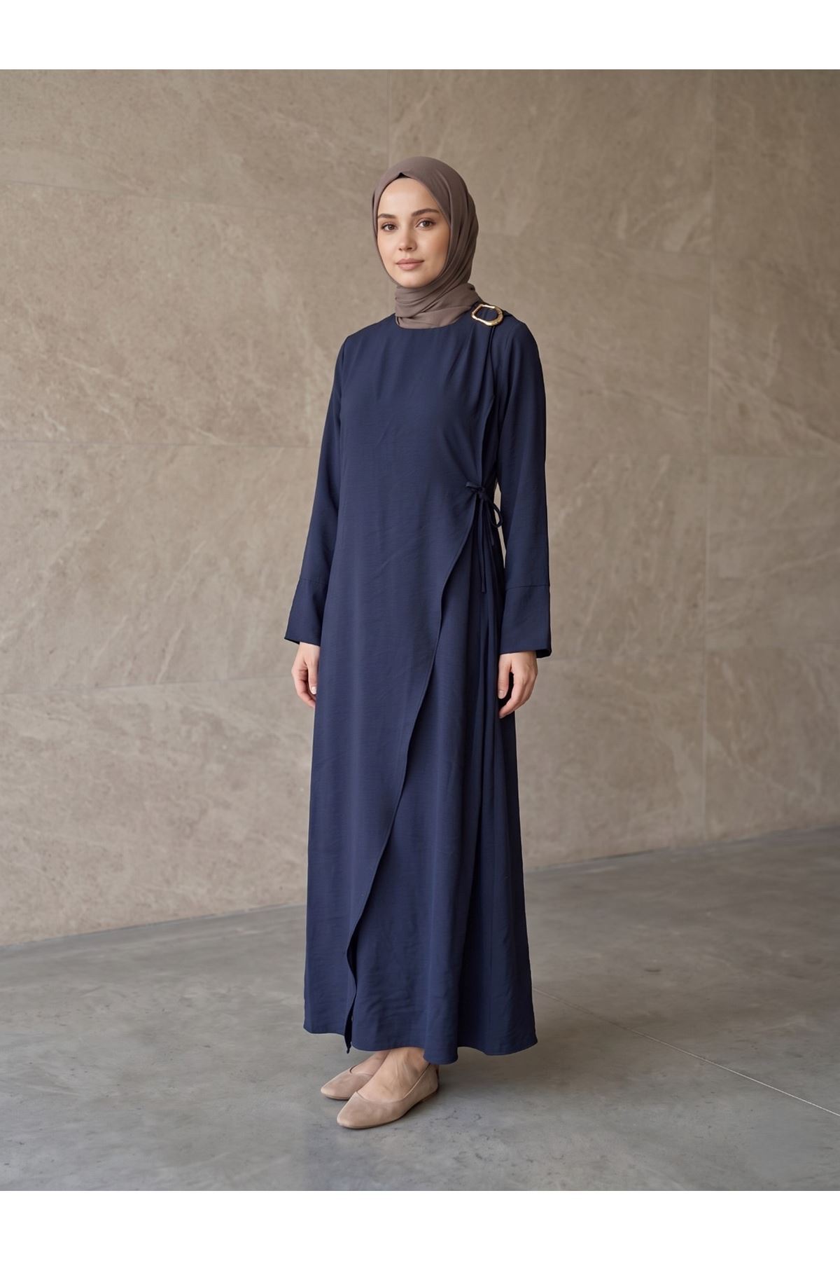 ELB04143-LCV Omuz Pİle Toka DetayTensel  Elbise-Lacivert