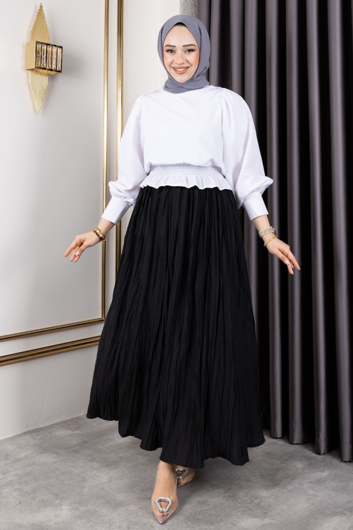 MOE03040-SYH Astarlı Kraş Etek-Siyah