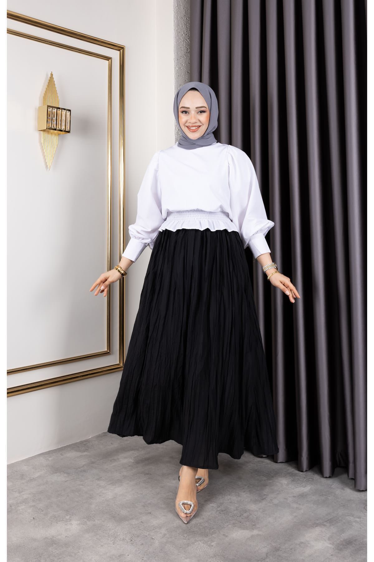 MOE03040-SYH Astarlı Kraş Etek-Siyah