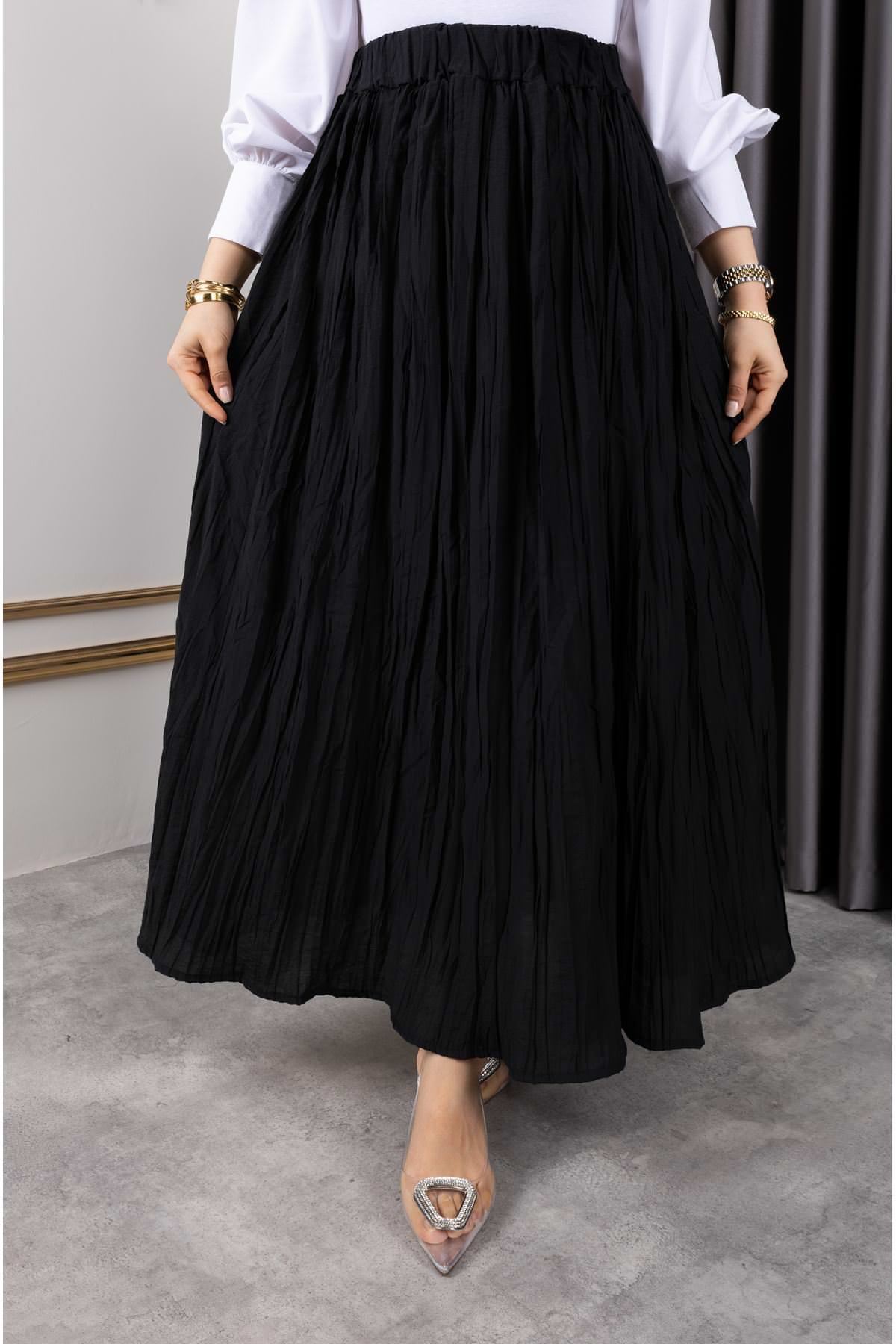 MOE03040-SYH Astarlı Kraş Etek-Siyah