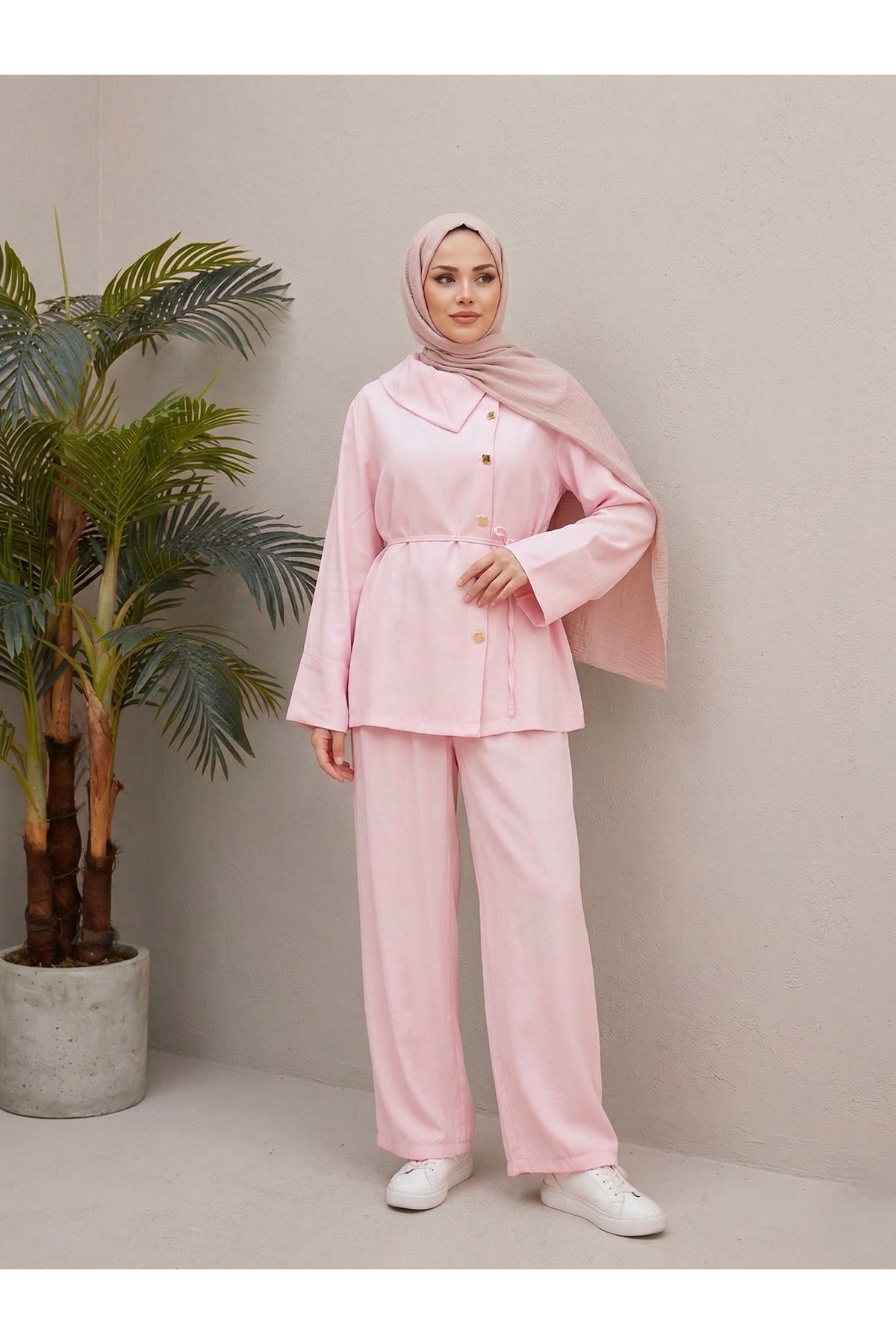 PİT00507-PMB Çapraz Düğmeli Pantolonlu Takım-Pembe