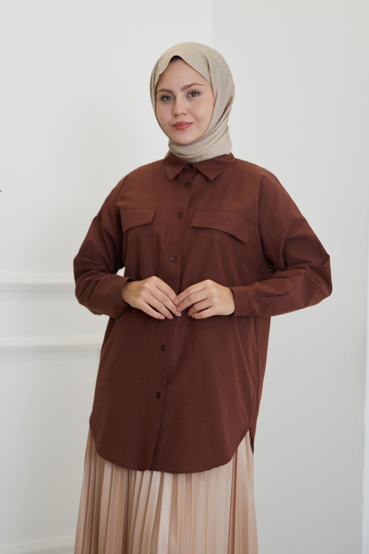 TUN05684-KHV Çift Cep Kapaklı Tunik-Kahve