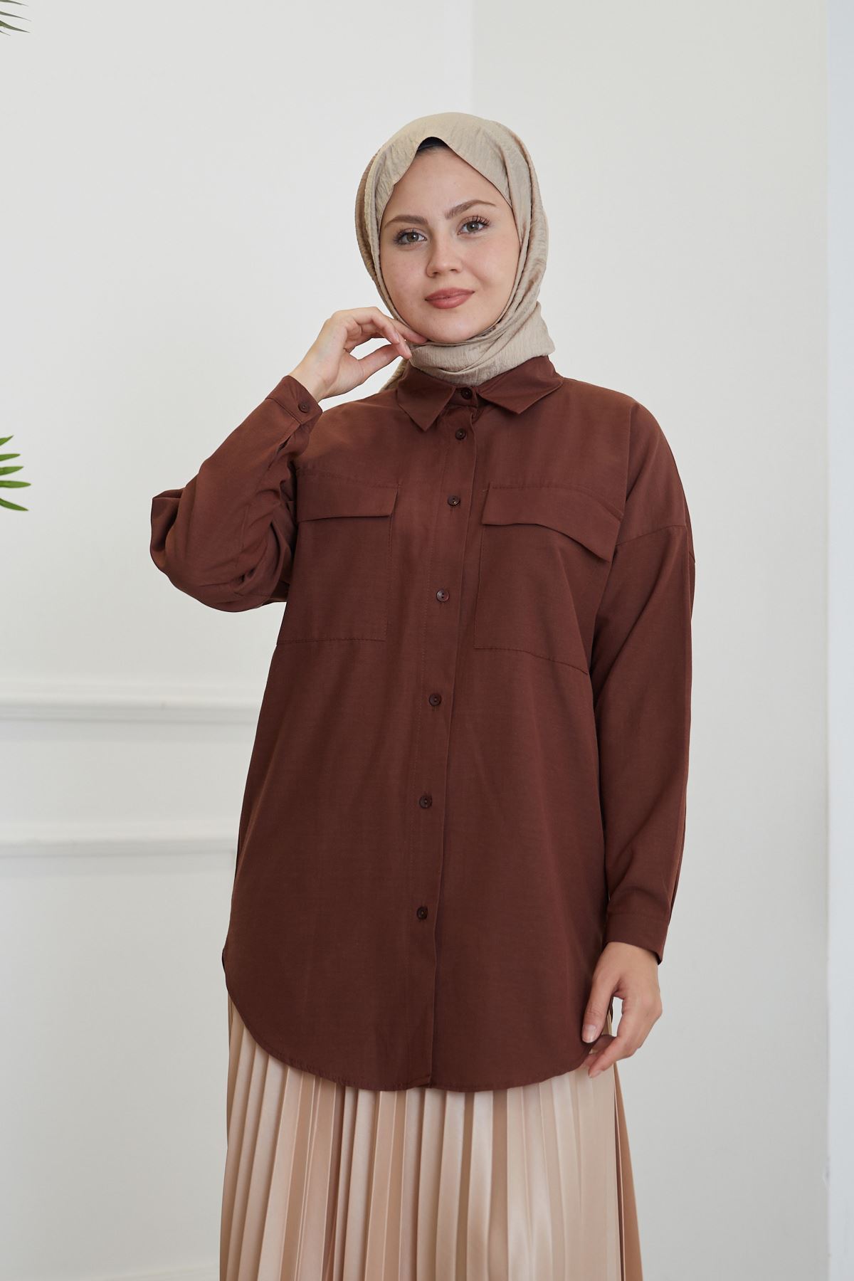 TUN05684-KHV Çift Cep Kapaklı Tunik-Kahve