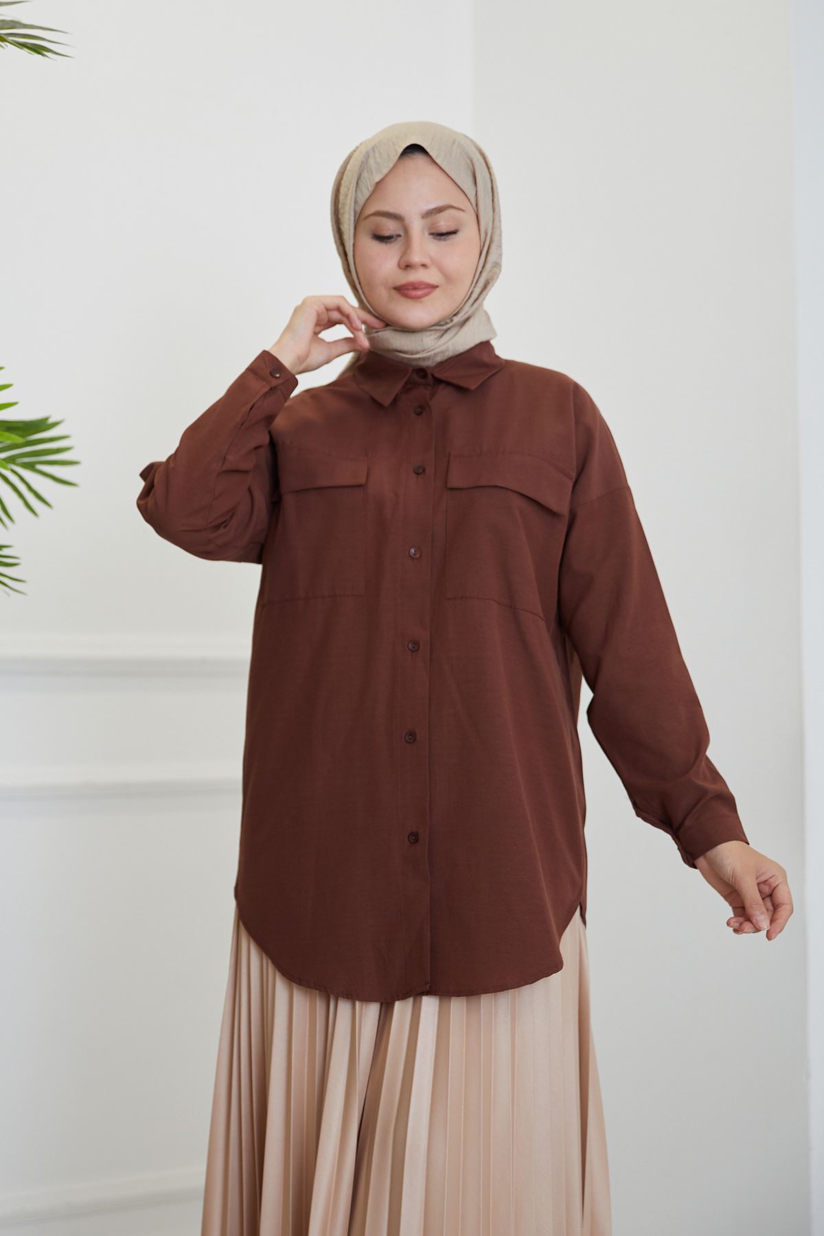 TUN05684-KHV Çift Cep Kapaklı Tunik-Kahve
