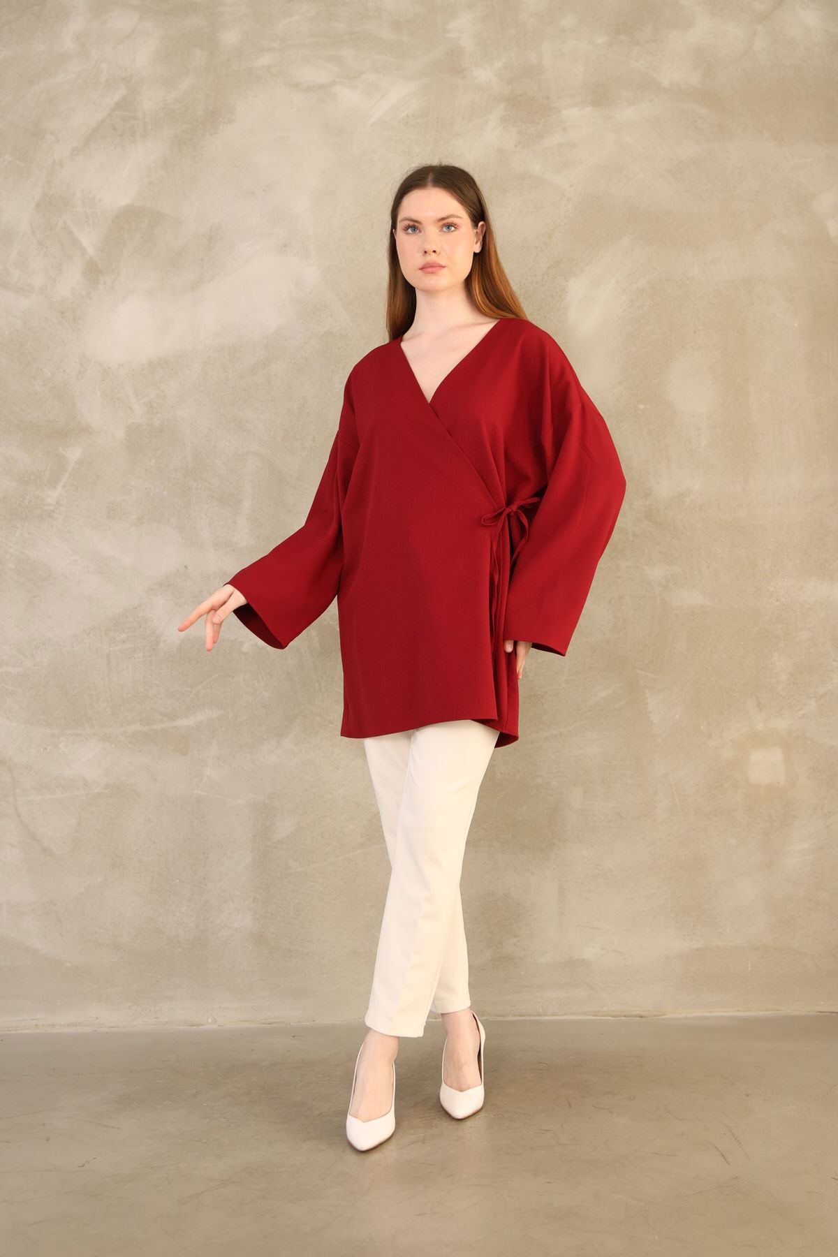 TUN05814-BRD Yan Bağlamalı Atlas Tunik-Bordo